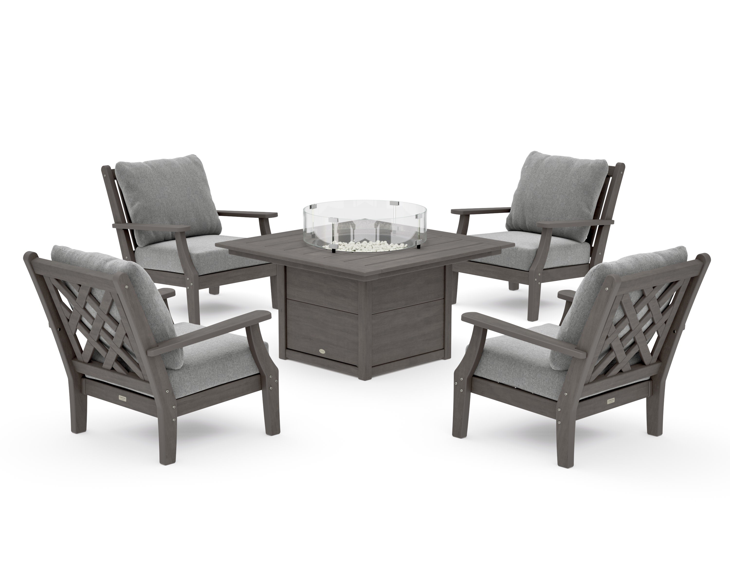 Wovendale 5-Piece Deep Seating Set with Fire Pit Table in Driftwood / Grey Mist