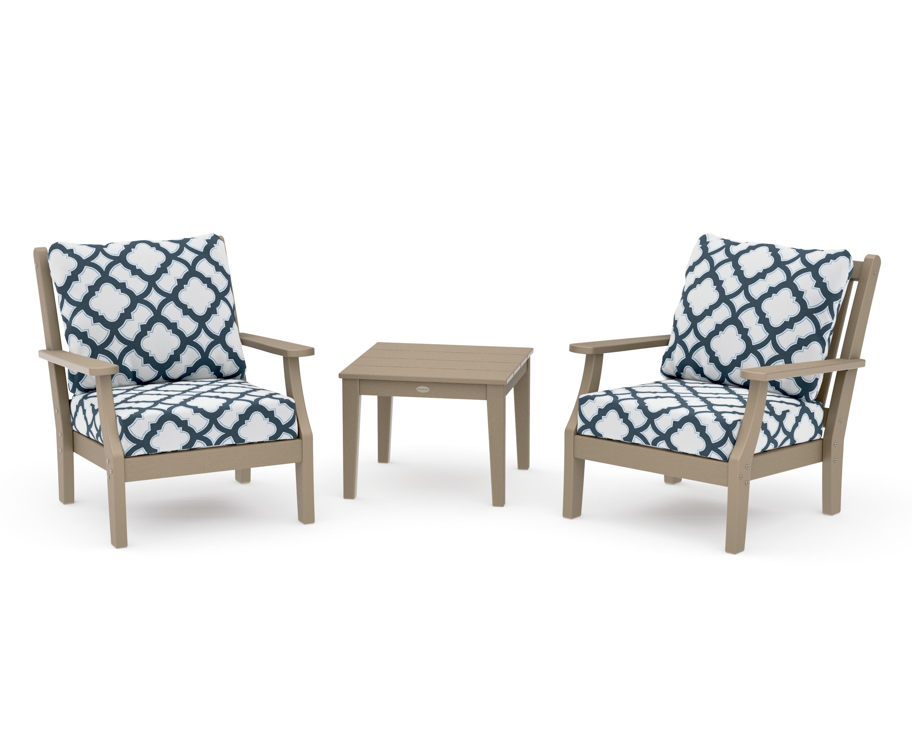 Wovendale 3-Piece Deep Seating Set in Vintage Sahara / Trellis Marine Indigo