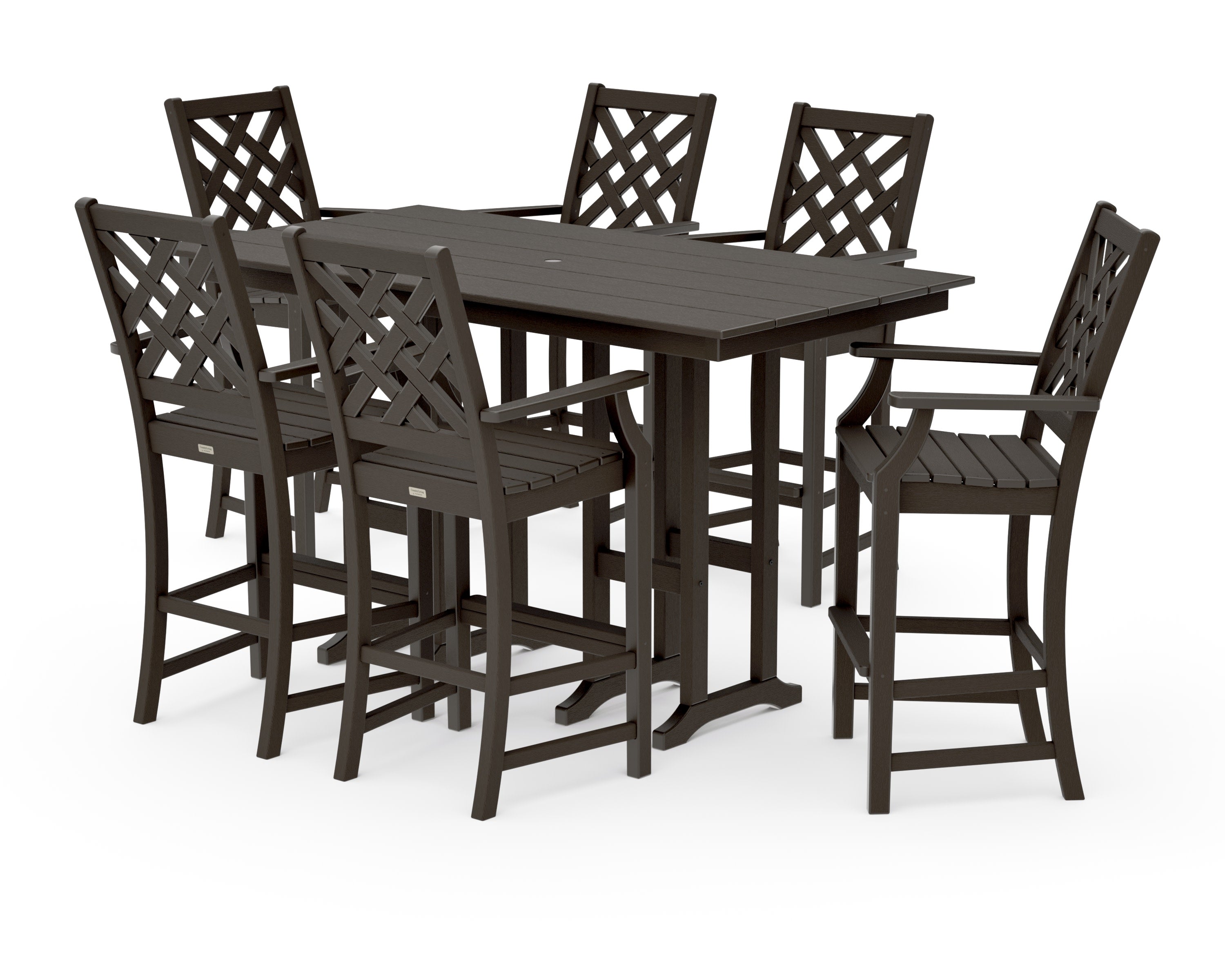 Wovendale Arm Chair 7-Piece Farmhouse Bar Set in Vintage Coffee