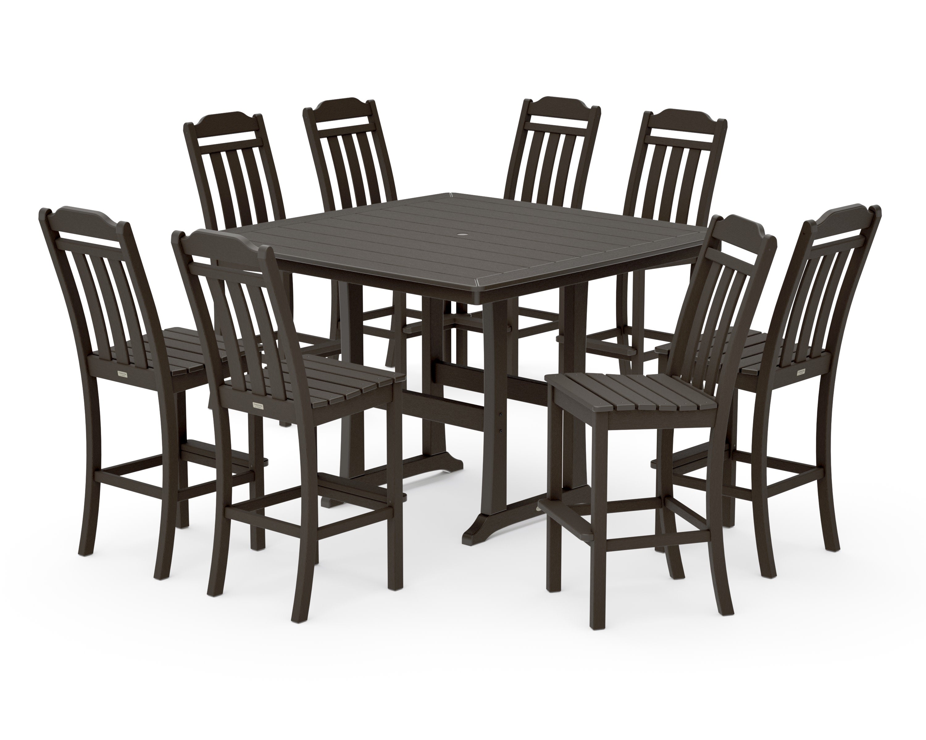 Cottage 9-Piece Square Side Chair Bar Set with Trestle Legs in Vintage Coffee