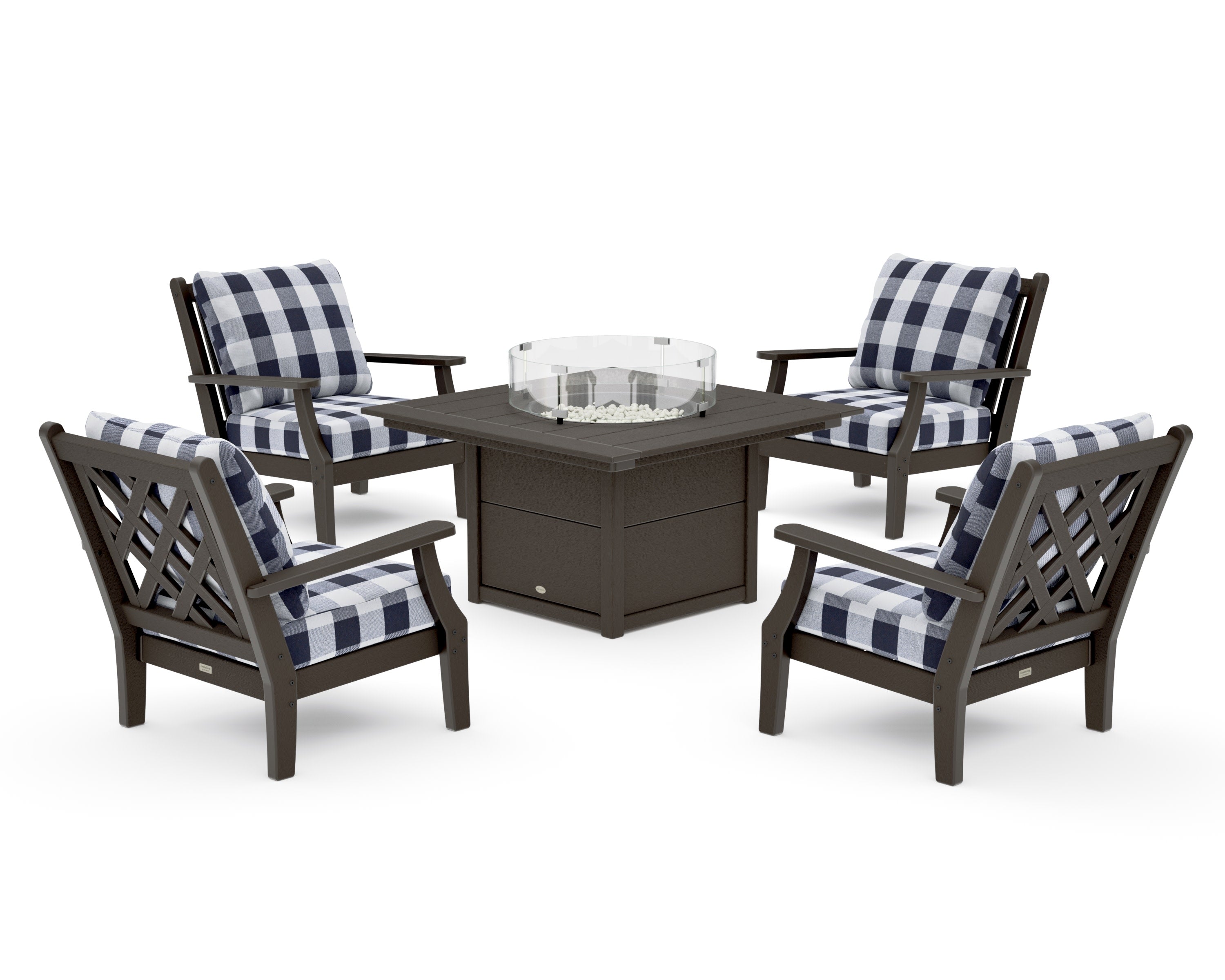 Wovendale 5-Piece Deep Seating Set with Fire Pit Table in Vintage Coffee / Buffalo Plaid Navy