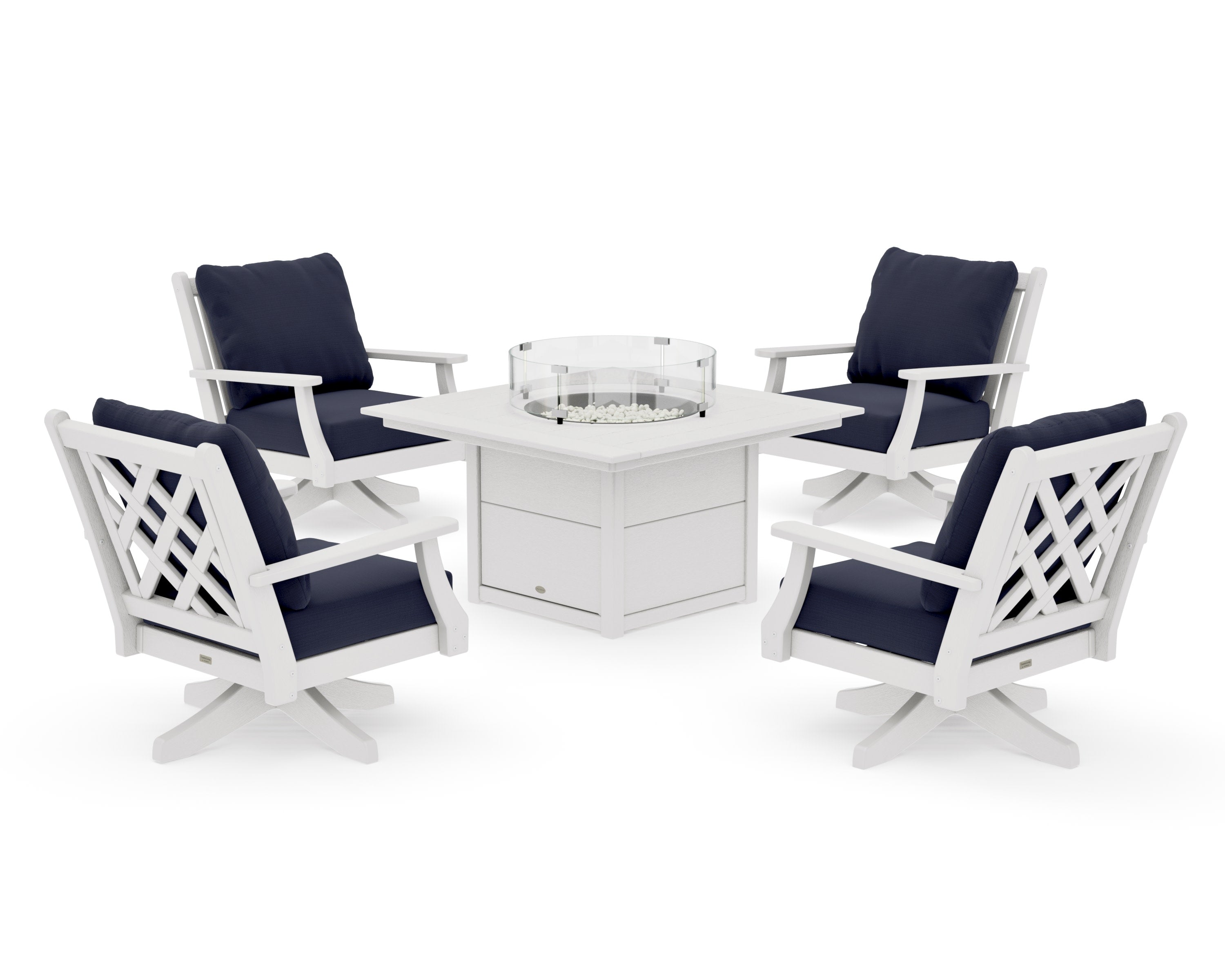 Wovendale 5-Piece Deep Seating Swivel Conversation Set with Fire Pit Table in Vintage White / Navy Linen