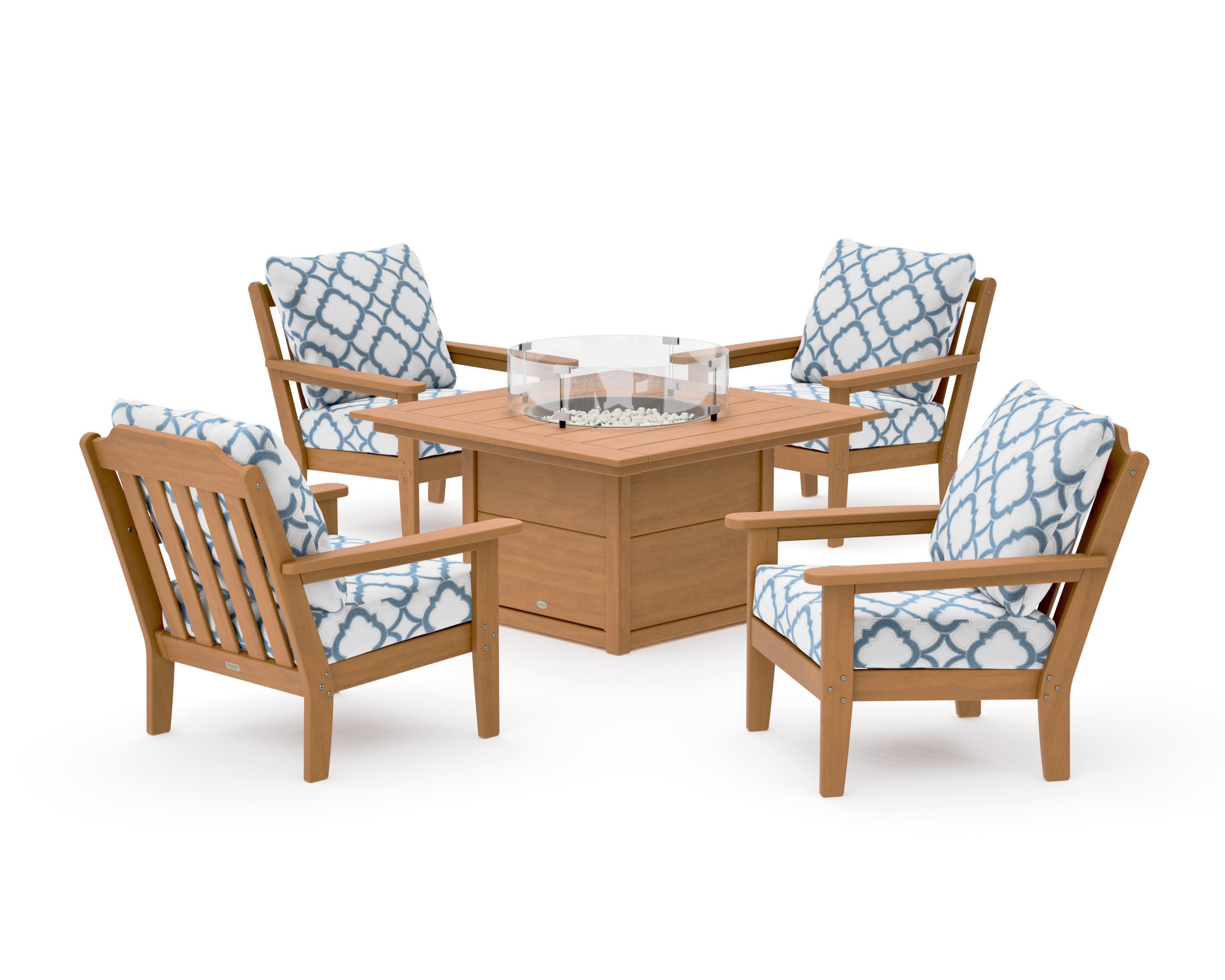 Cottage 5-Piece Deep Seating Set with Fire Pit Table in Natural / Trellis Sky Blue