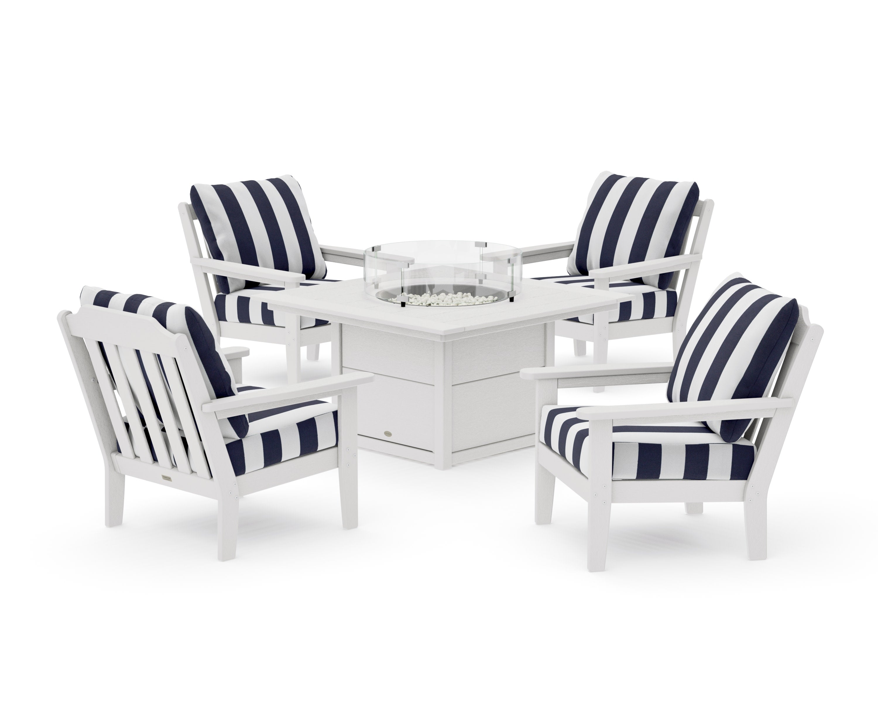 Cottage 5-Piece Deep Seating Set with Fire Pit Table in Vintage White / Cabana Stripe Navy