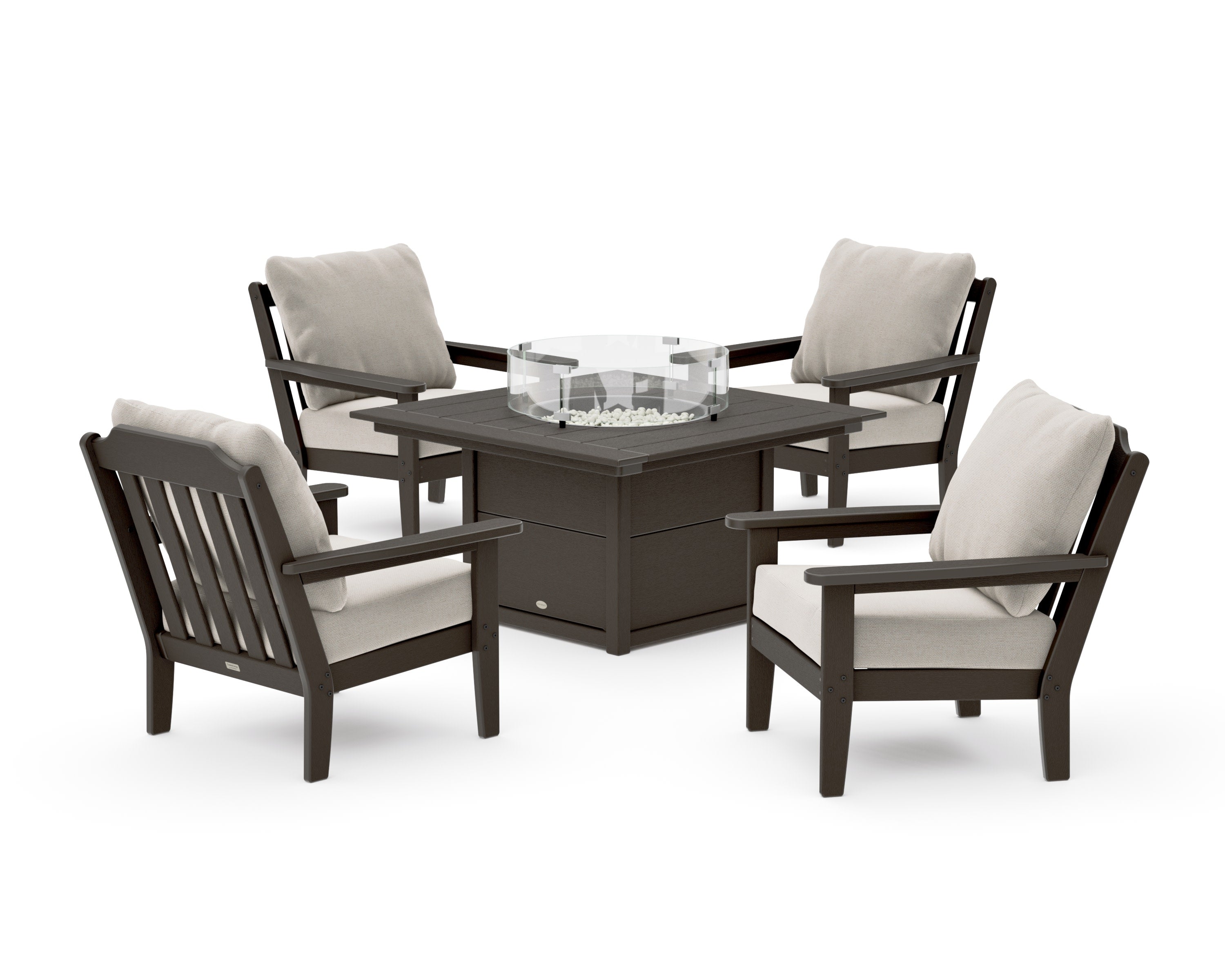 Cottage 5-Piece Deep Seating Set with Fire Pit Table in Vintage Coffee / Dune Burlap