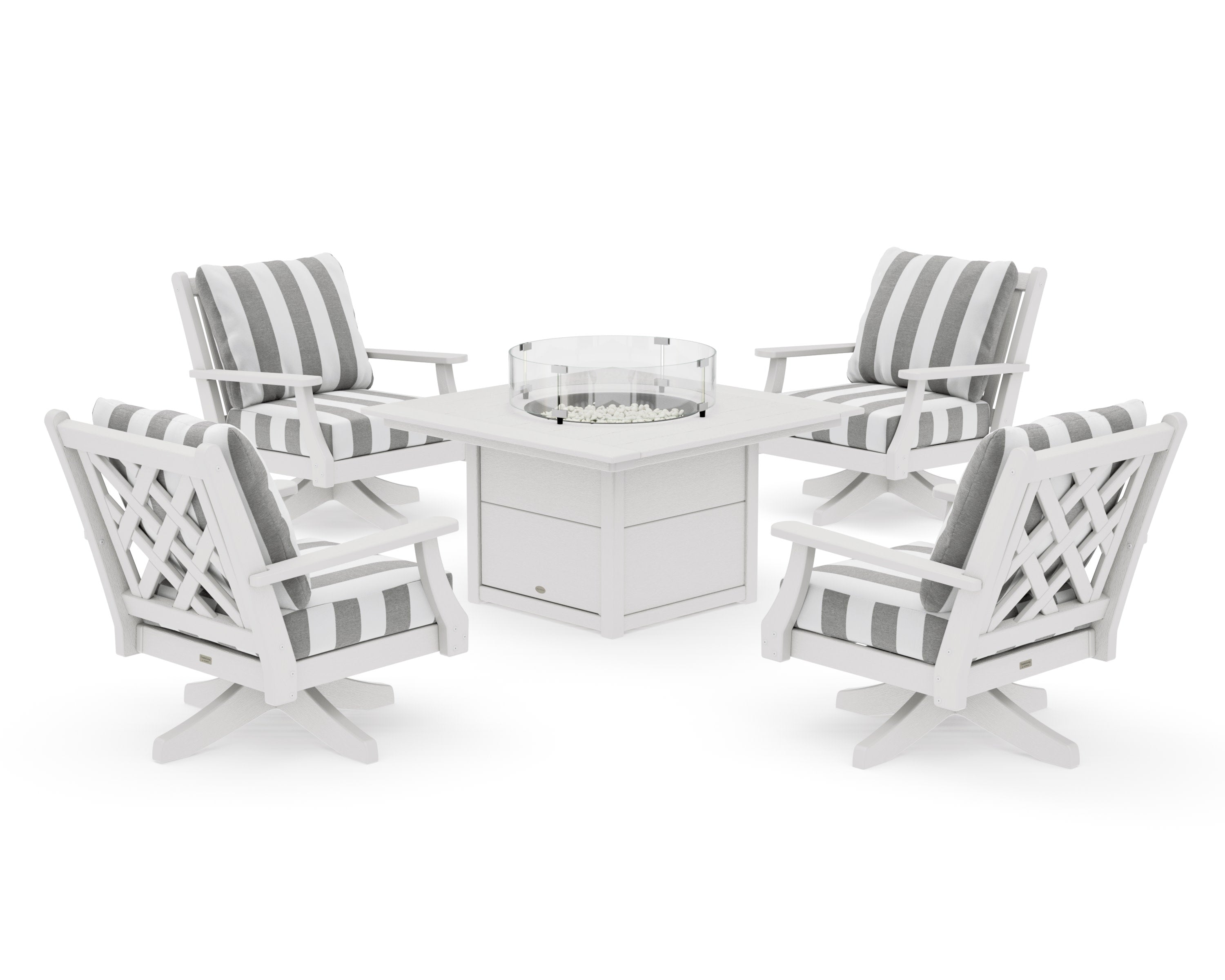 Wovendale 5-Piece Deep Seating Swivel Conversation Set with Fire Pit Table in Vintage White / Cabana Stripe Grey Mist