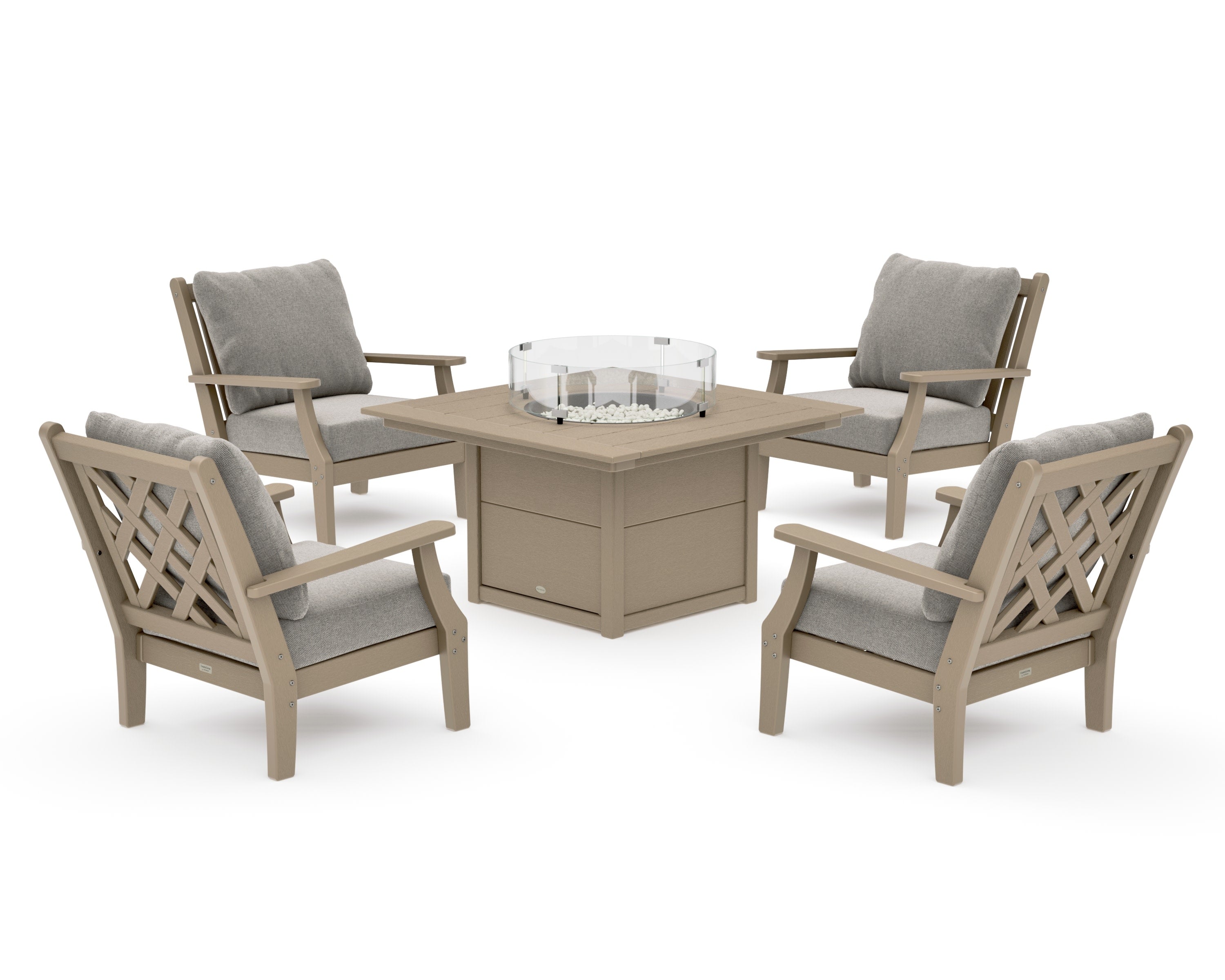 Wovendale 5-Piece Deep Seating Set with Fire Pit Table in Vintage Sahara / Weathered Tweed