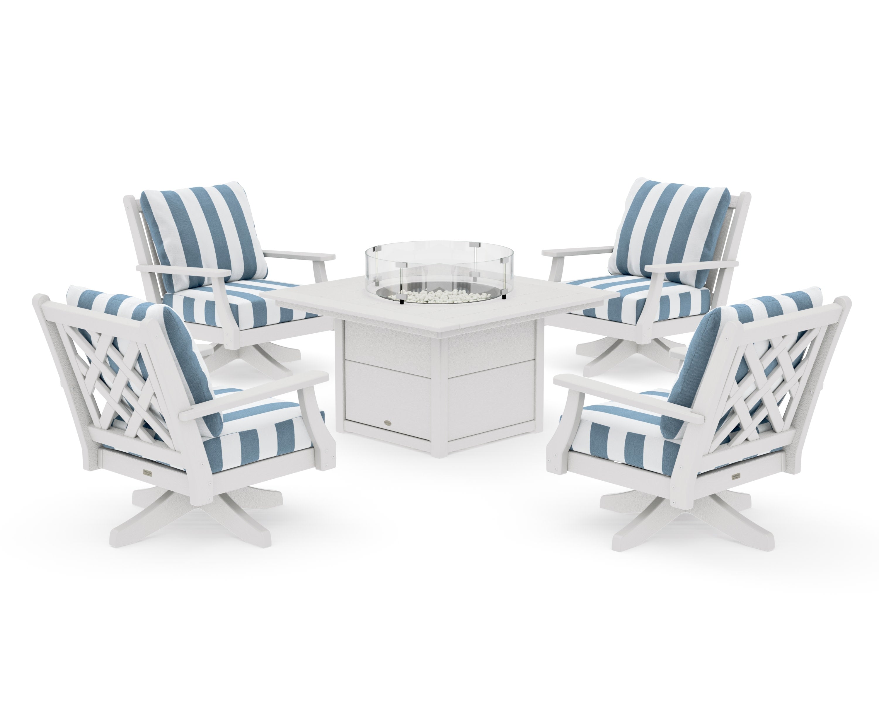 Wovendale 5-Piece Deep Seating Swivel Conversation Set with Fire Pit Table in Vintage White / Cabana Stripe Sky Blue