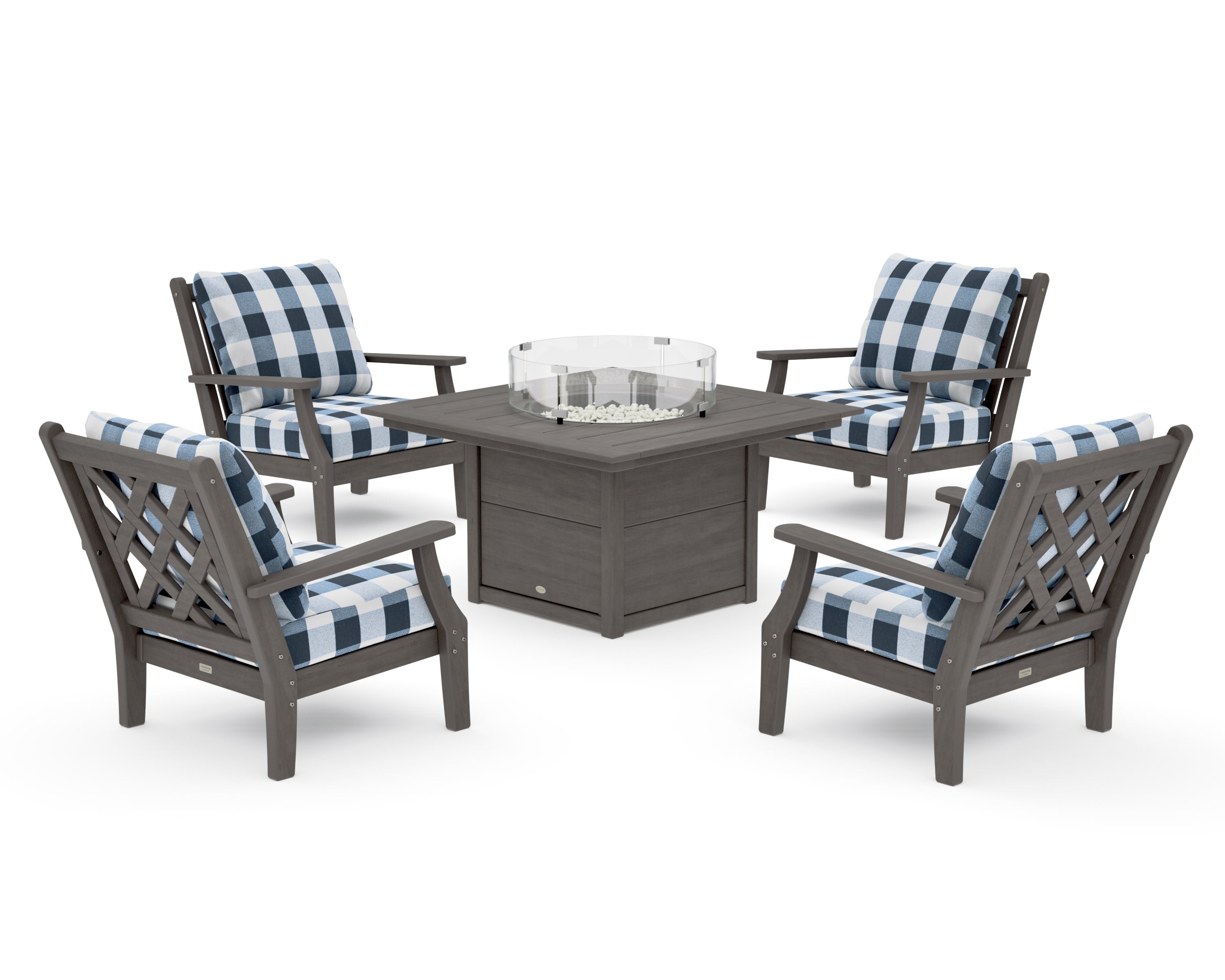 Wovendale 5-Piece Deep Seating Set with Fire Pit Table in Driftwood / Buffalo Plaid Marine Indigo