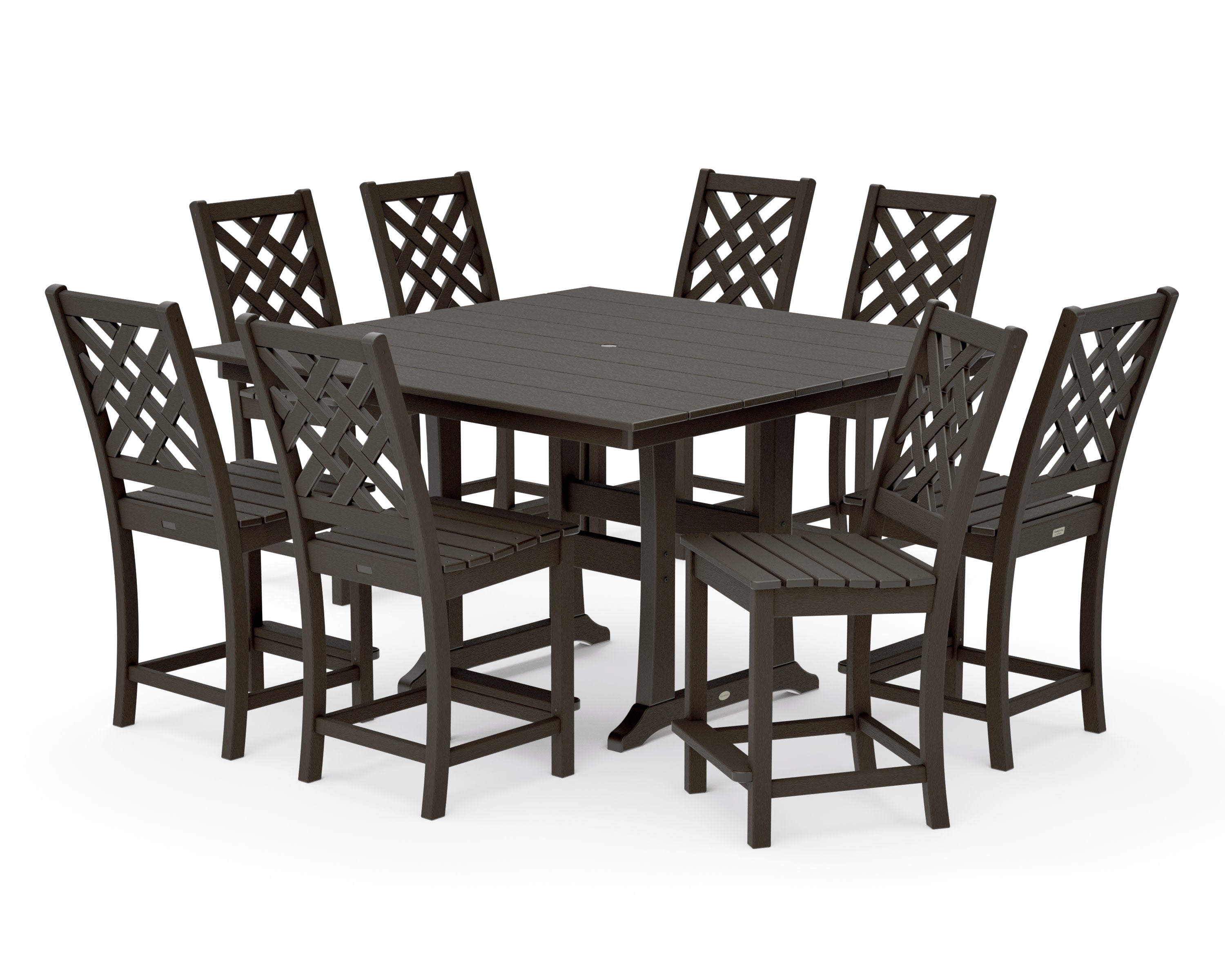 Wovendale Side Chair 9-Piece Square Farmhouse Counter Set with Trestle Legs in Vintage Coffee