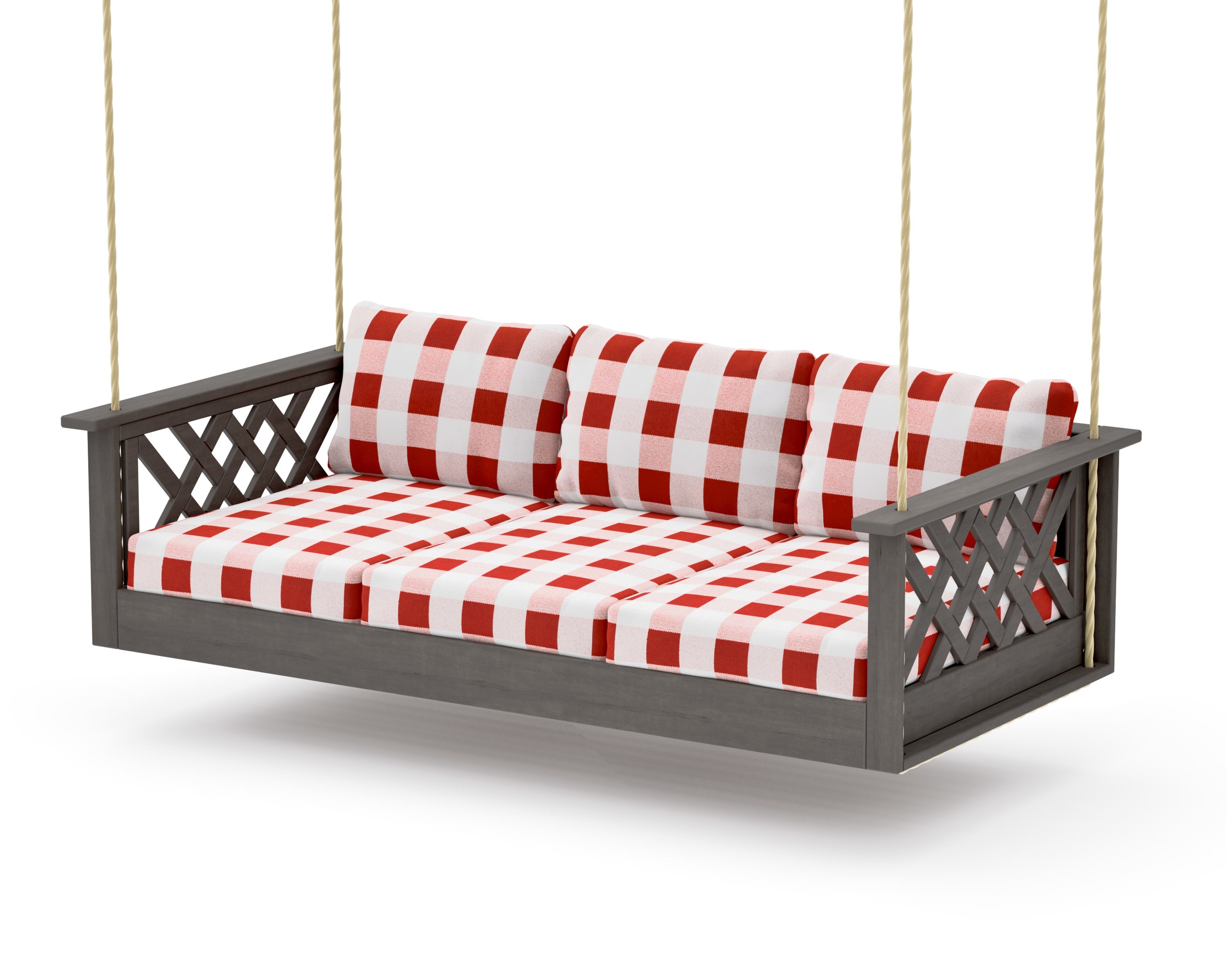 Wovendale Daybed Swing in Driftwood / Buffalo Plaid Crimson