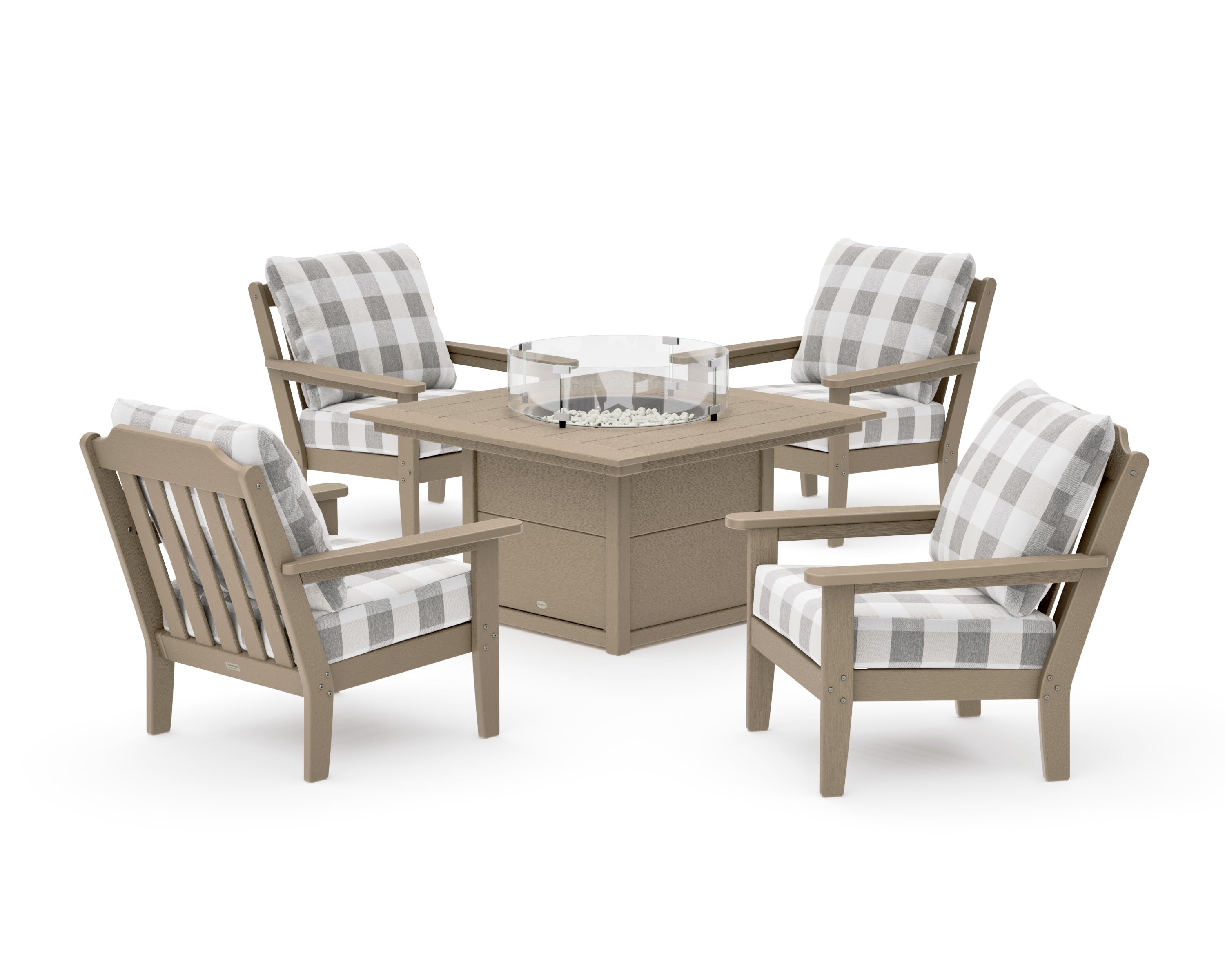 Cottage 5-Piece Deep Seating Set with Fire Pit Table in Vintage Sahara / Buffalo Plaid Grey Mist