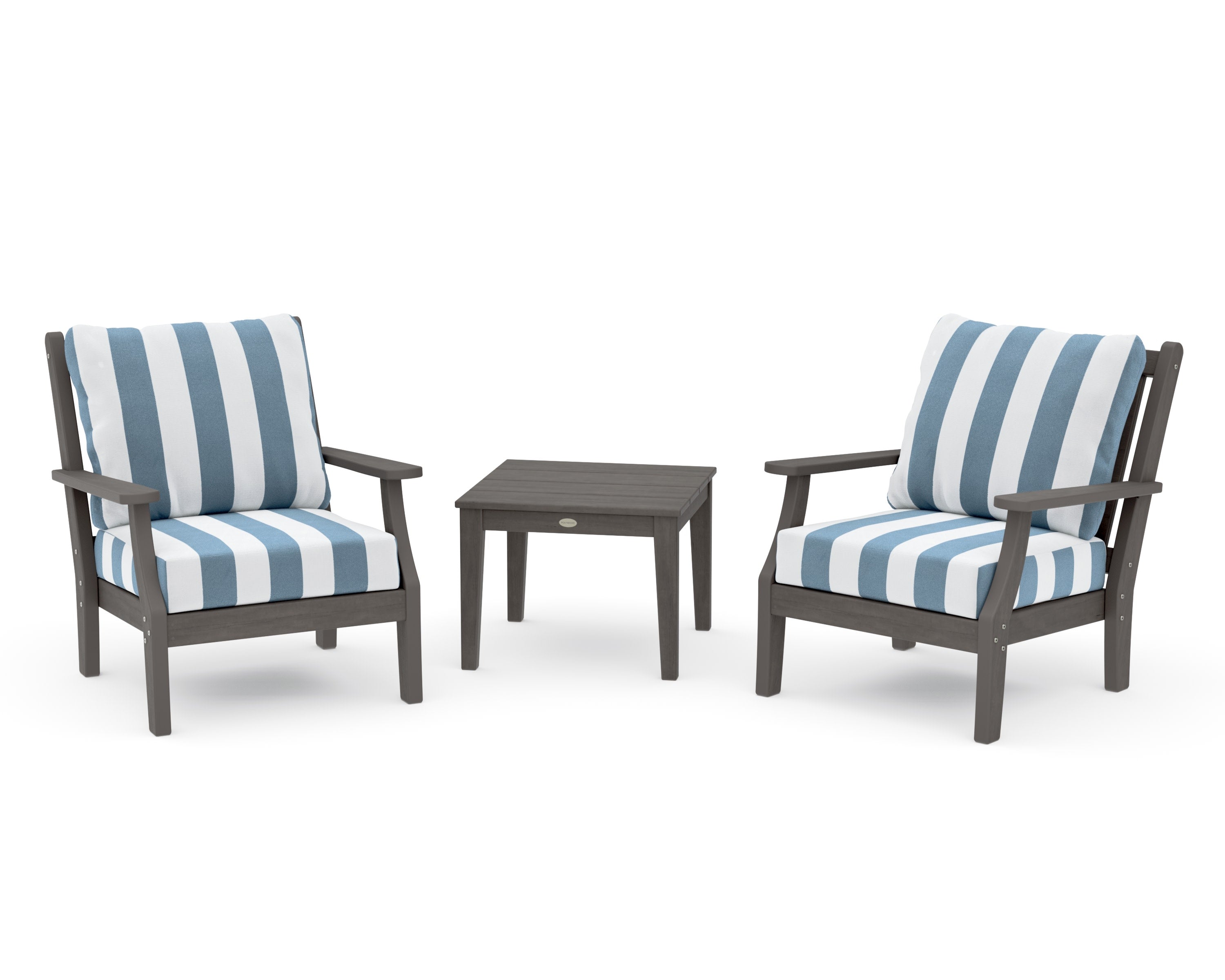 Wovendale 3-Piece Deep Seating Set in Driftwood / Cabana Stripe Sky Blue