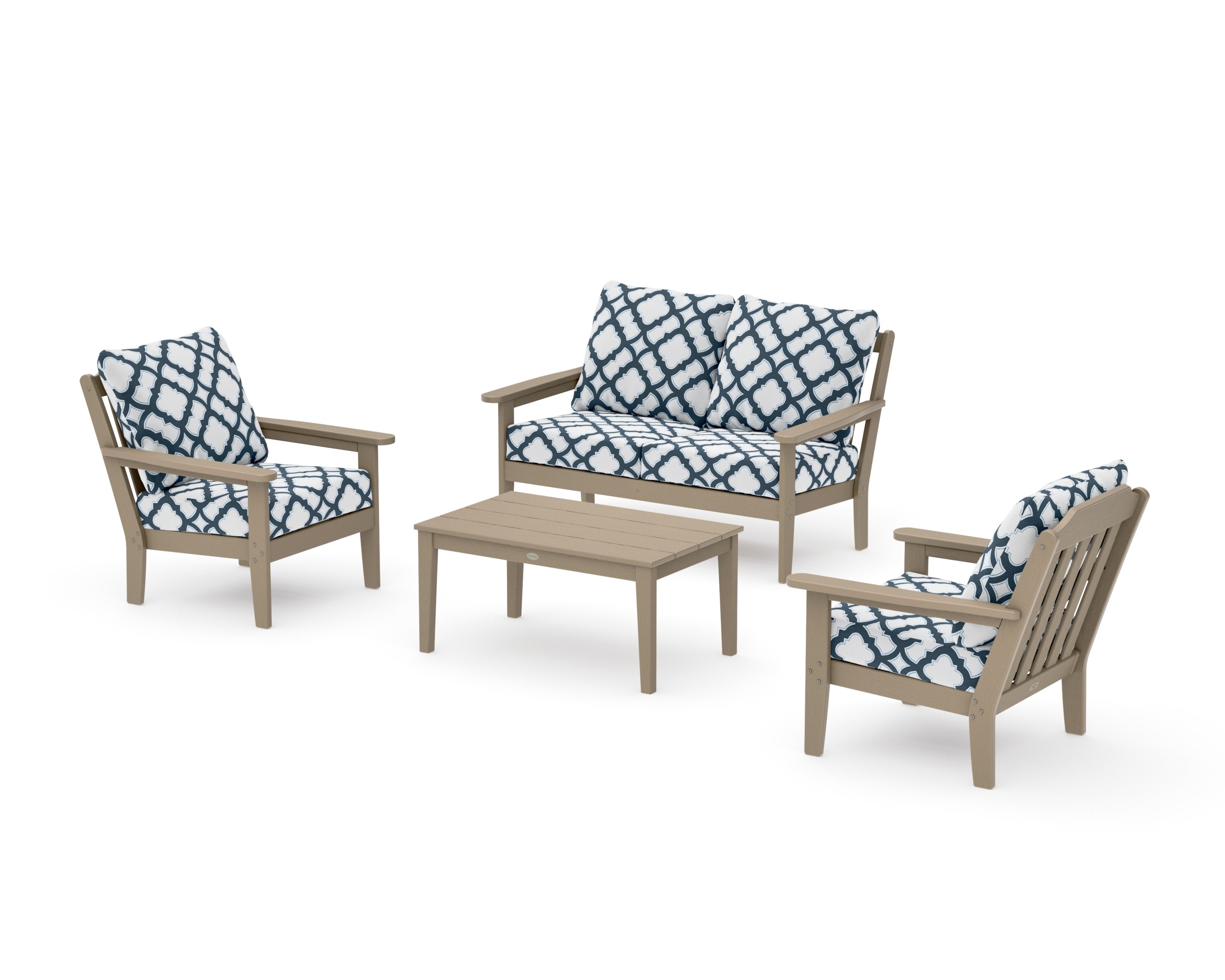 Cottage 4-Piece Deep Seating Set with Loveseat in Vintage Sahara / Trellis Marine Indigo