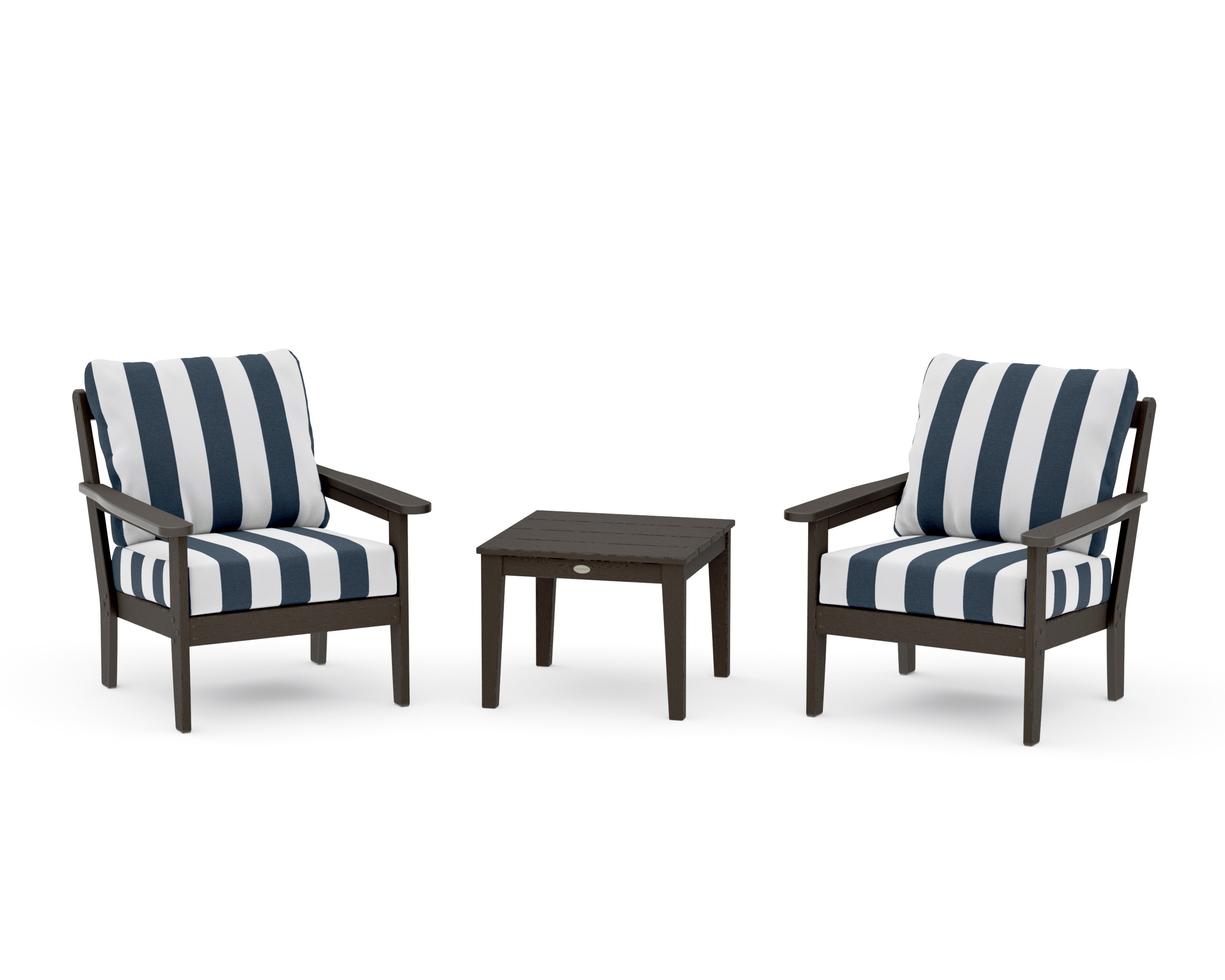 Cottage 3-Piece Deep Seating Set in Vintage Coffee / Cabana Stripe Marine Indigo