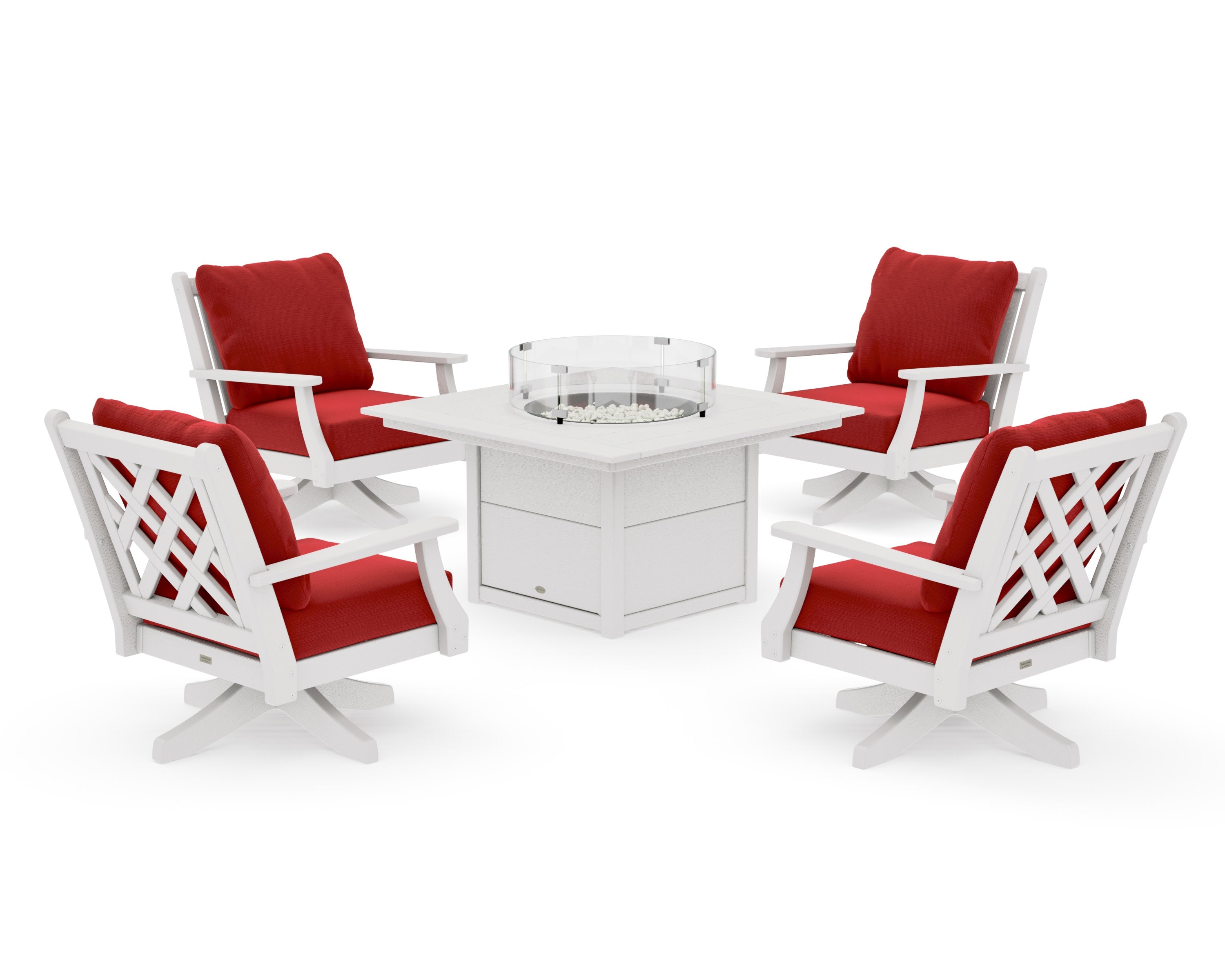 Wovendale 5-Piece Deep Seating Swivel Conversation Set with Fire Pit Table in Vintage White / Crimson Linen