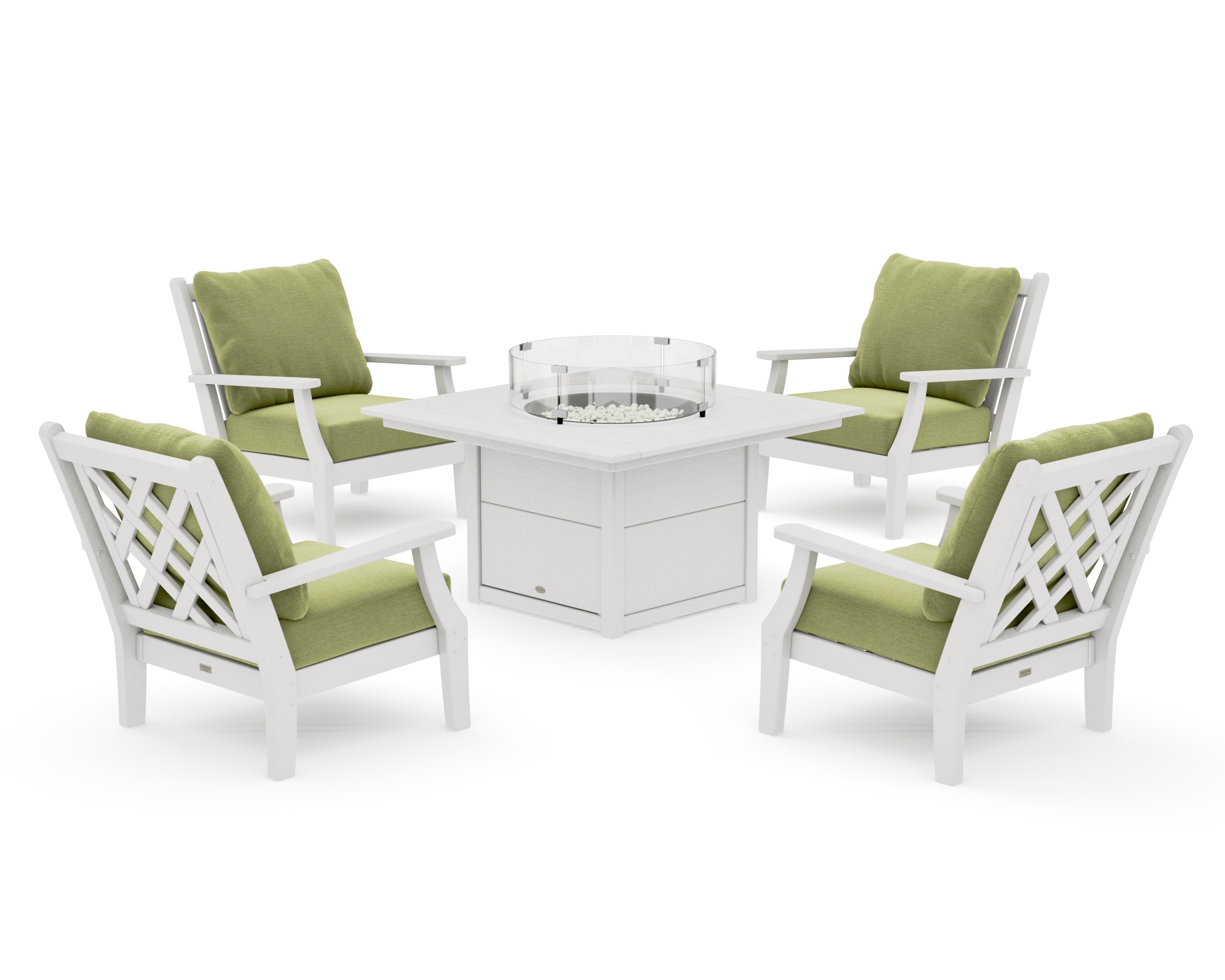 Wovendale 5-Piece Deep Seating Set with Fire Pit Table in Vintage White / Chartreuse Boucle