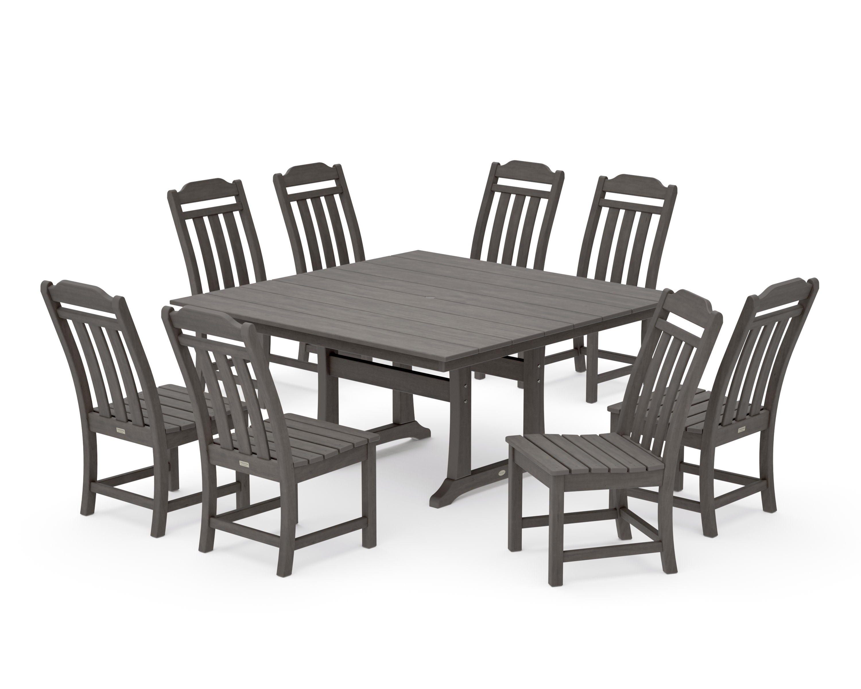 Cottage 9-Piece Square Farmhouse Side Chair Dining Set with Trestle Legs in Driftwood