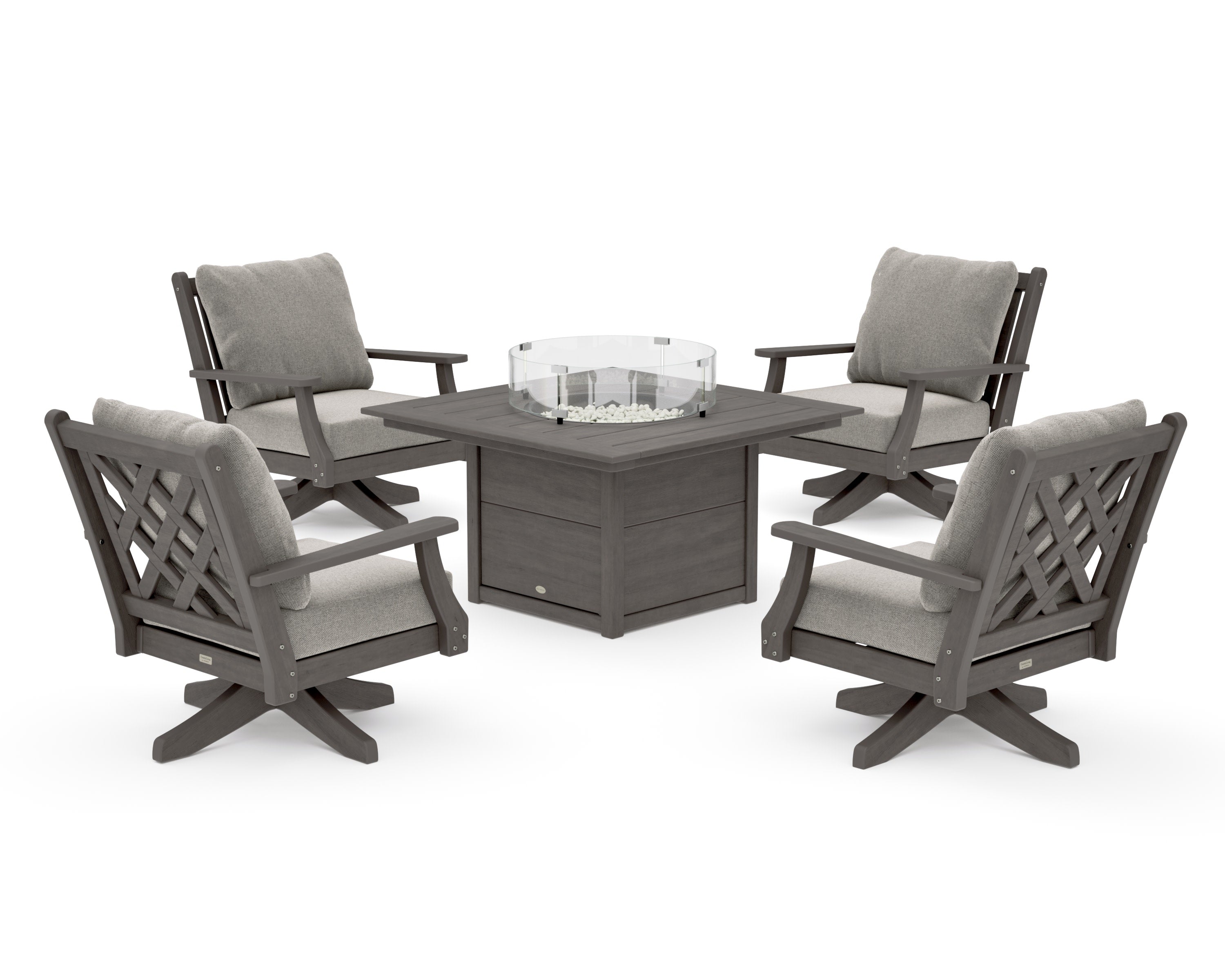 Wovendale 5-Piece Deep Seating Swivel Conversation Set with Fire Pit Table in Driftwood / Weathered Tweed