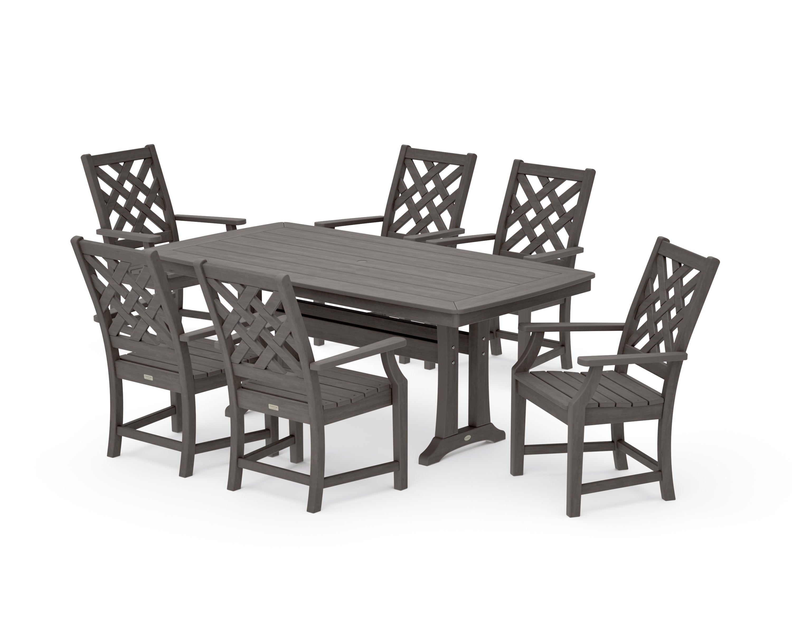Wovendale Arm Chair 7-Piece Dining Set with Trestle Legs in Driftwood