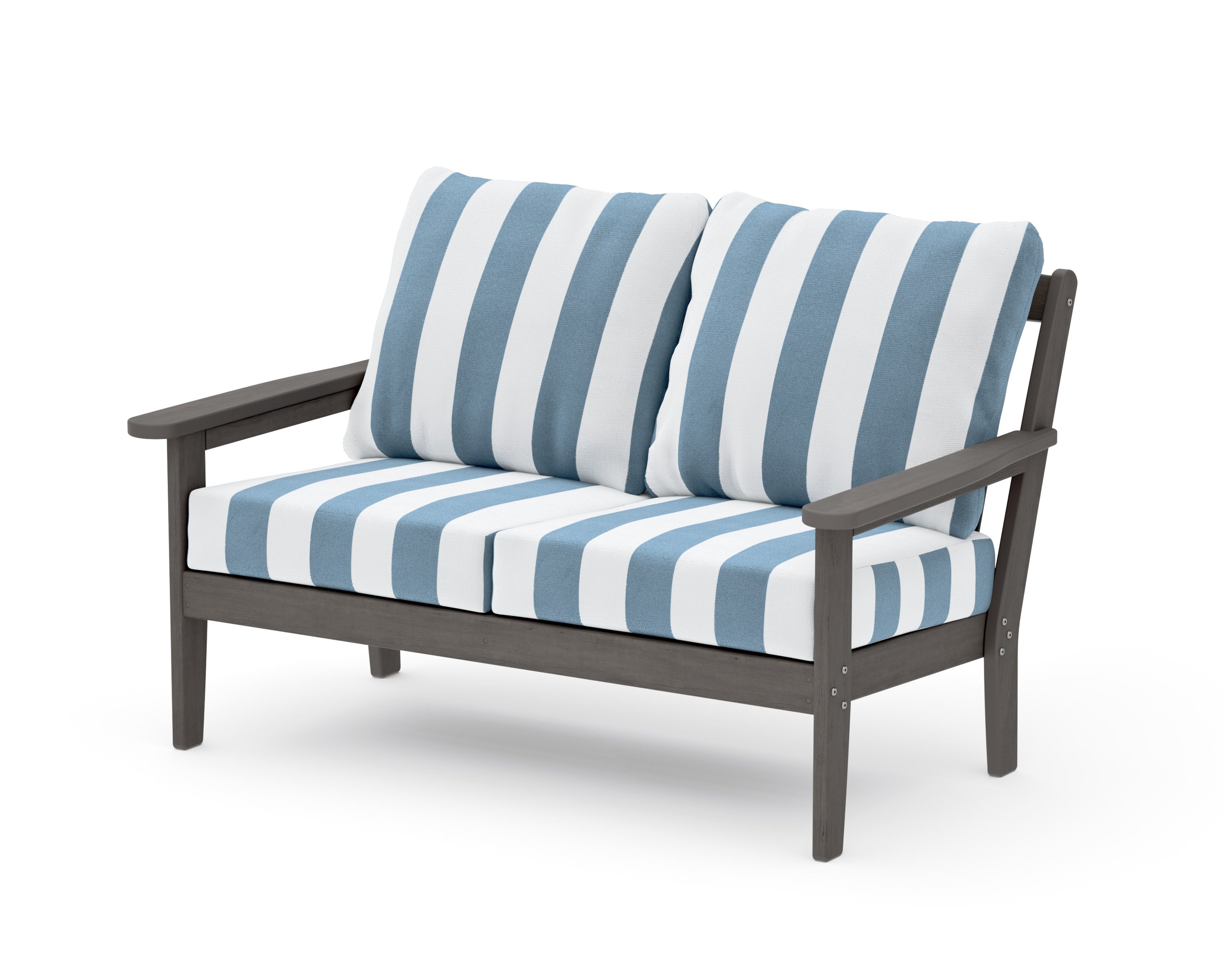 Cottage Deep Seating Loveseat in Driftwood / Cabana Stripe Sky Blue