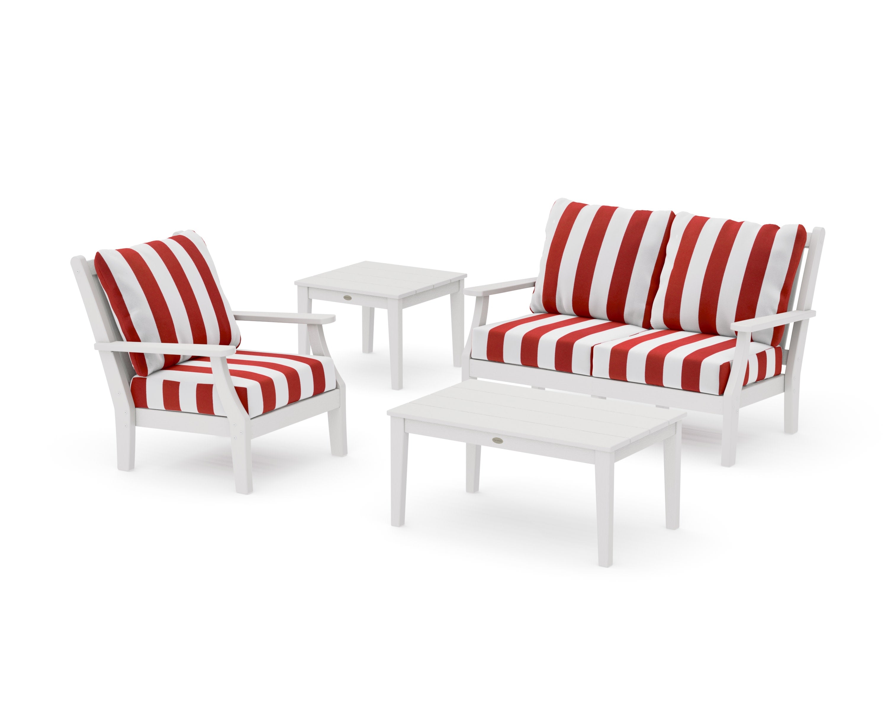 Wovendale 4-Piece Deep Seating Set in Vintage White / Cabana Stripe Crimson