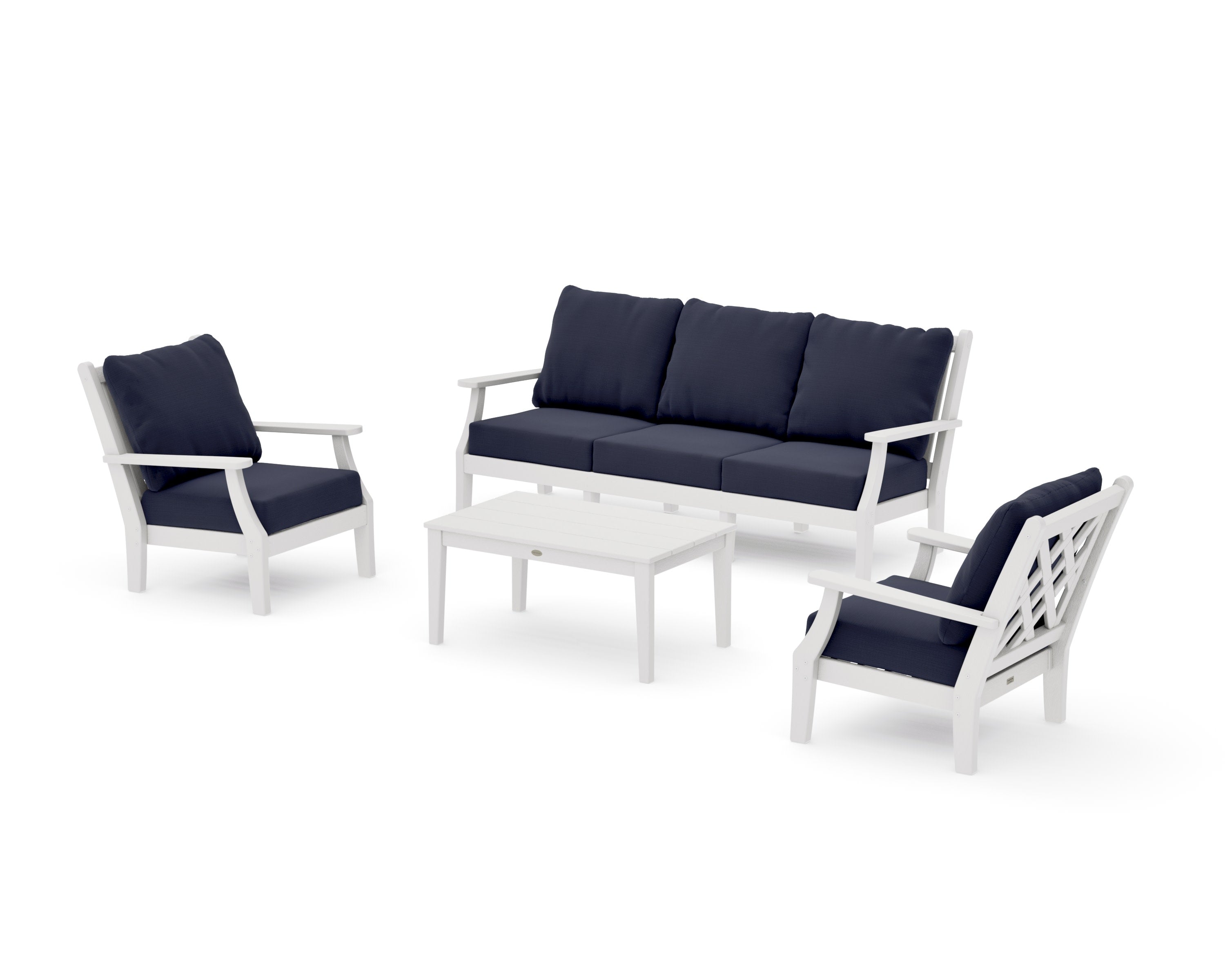 Wovendale 4-Piece Deep Seating Set with Sofa in Vintage White / Navy Linen