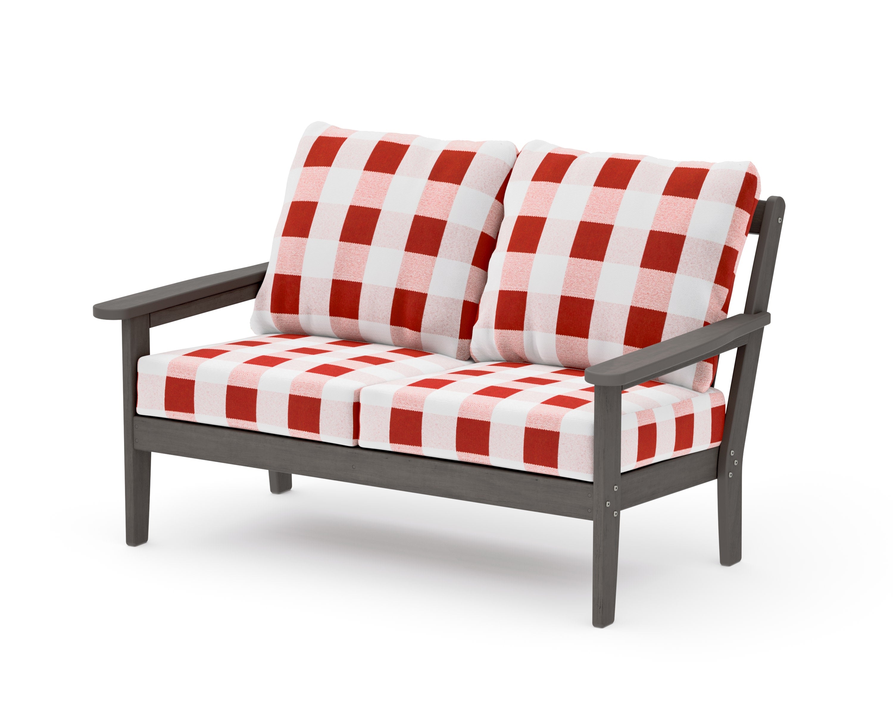 Cottage Deep Seating Loveseat in Driftwood / Buffalo Plaid Crimson
