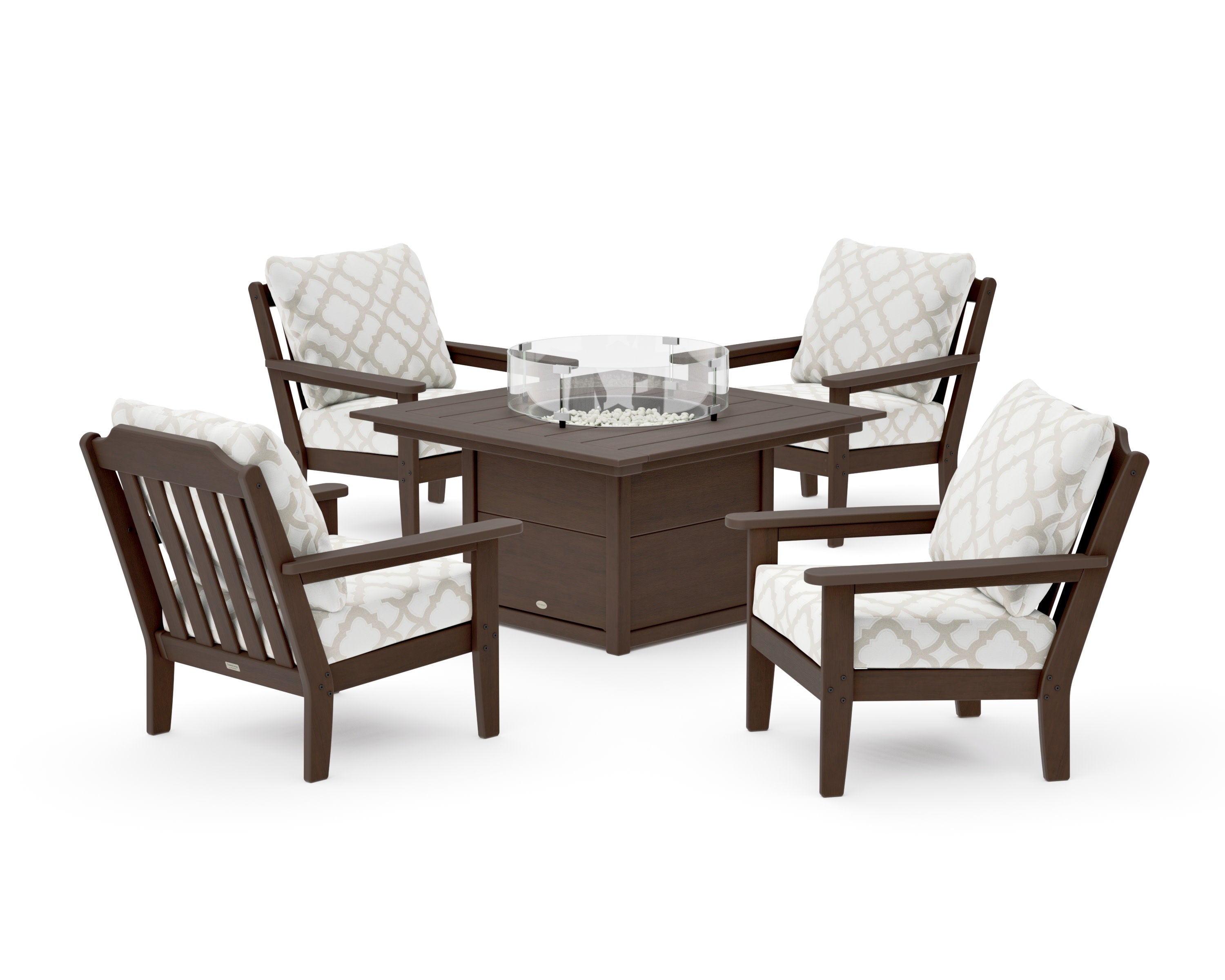 Cottage 5-Piece Deep Seating Set with Fire Pit Table in Kona / Trellis Dune Burlap