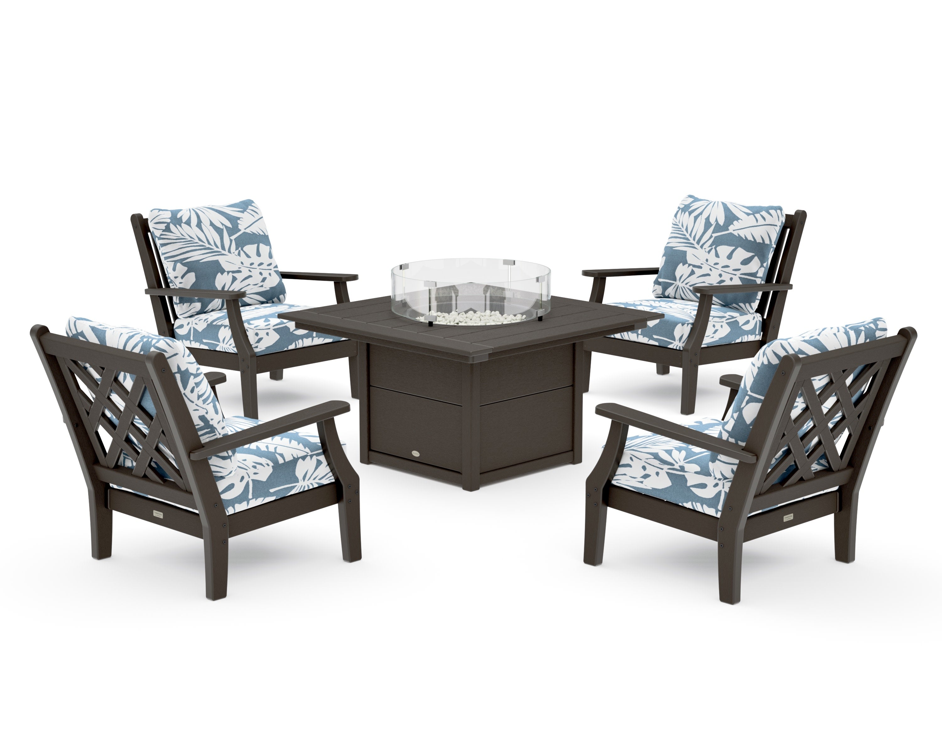 Wovendale 5-Piece Deep Seating Set with Fire Pit Table in Vintage Coffee / Leaf Sky Blue
