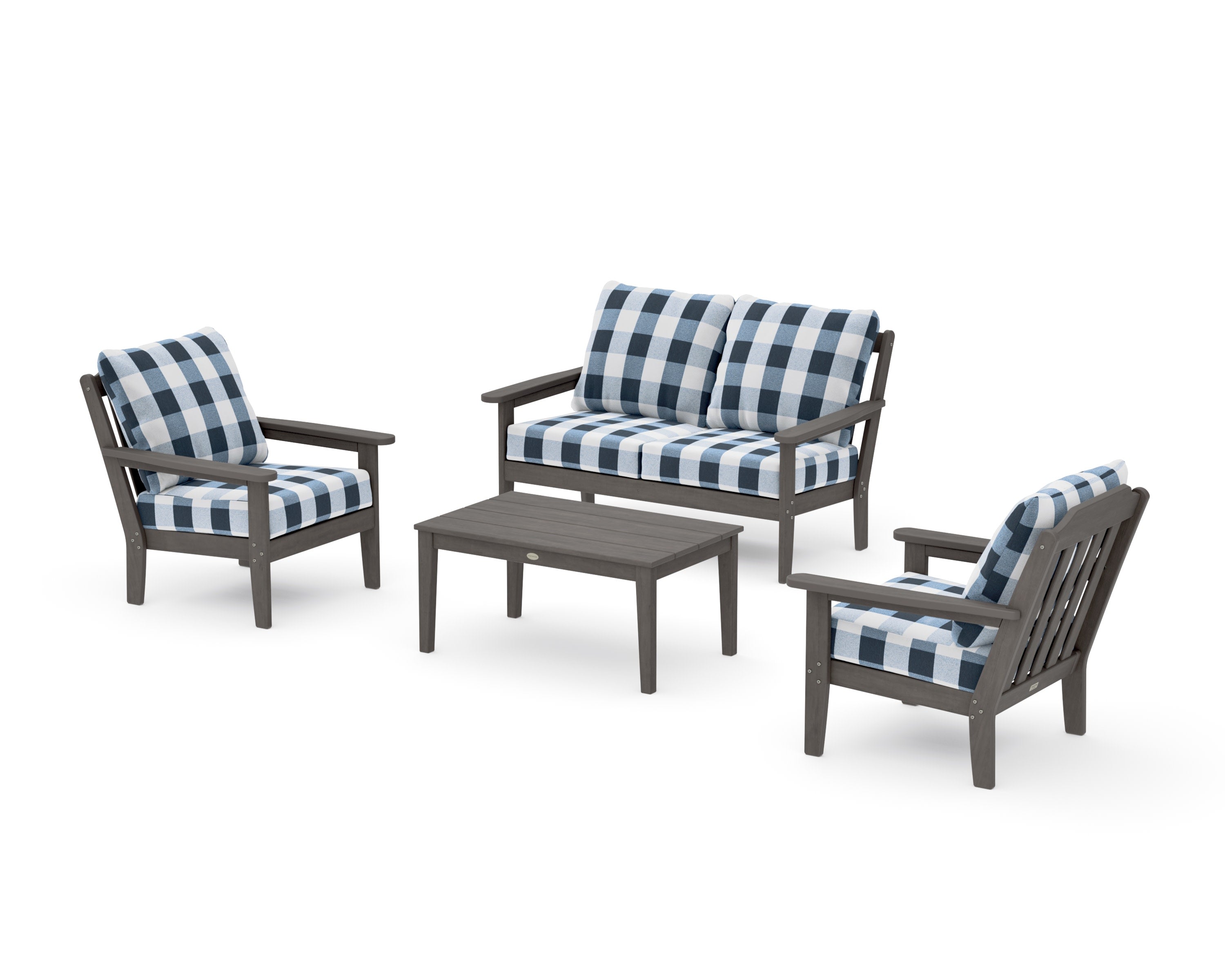 Cottage 4-Piece Deep Seating Set with Loveseat in Driftwood / Buffalo Plaid Marine Indigo