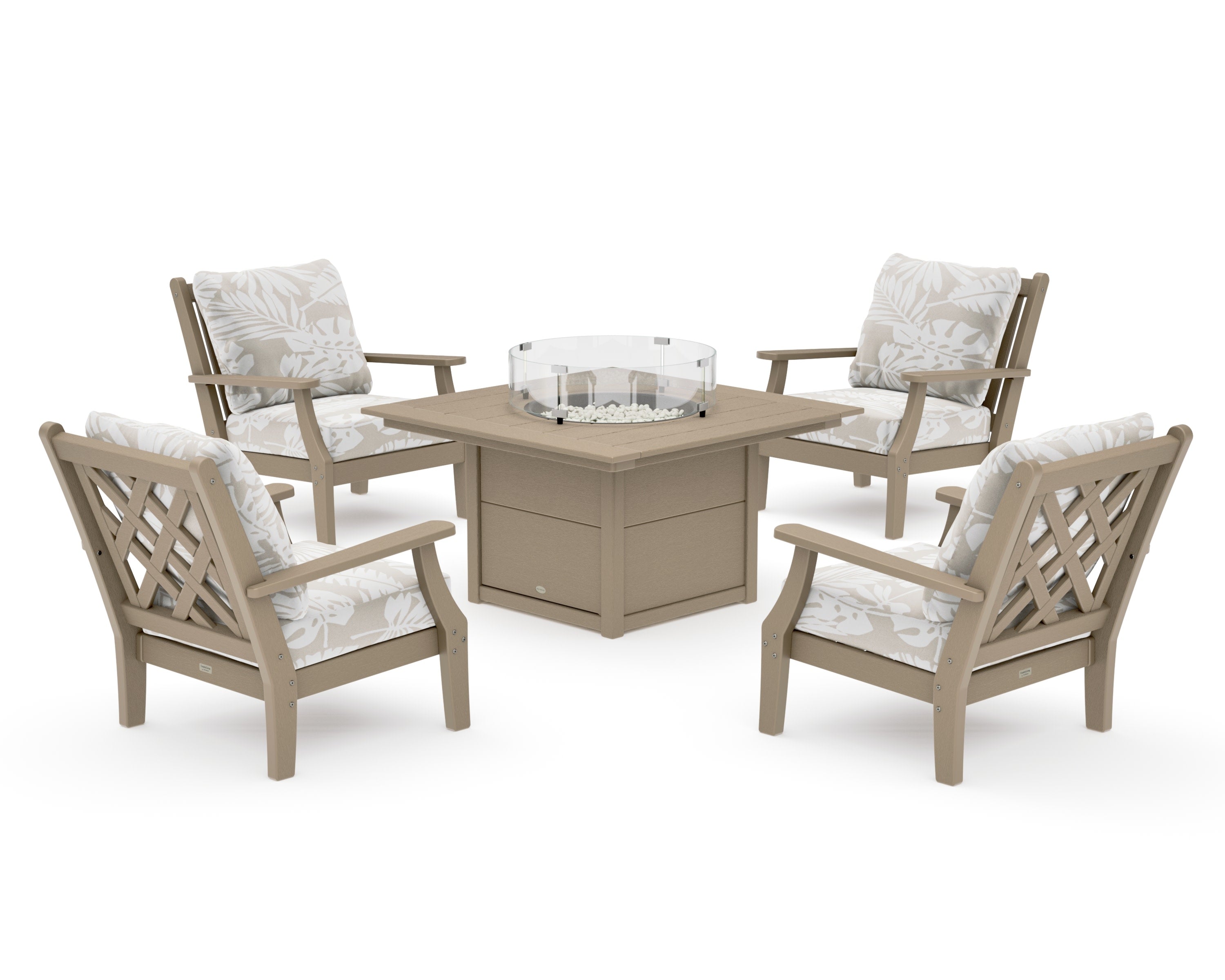 Wovendale 5-Piece Deep Seating Set with Fire Pit Table in Vintage Sahara / Leaf Dune Burlap