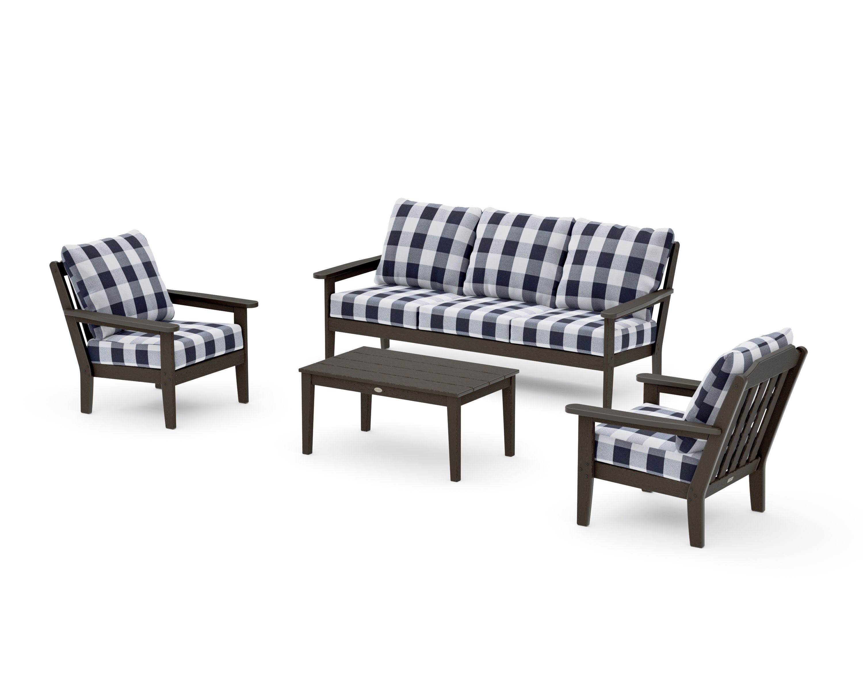 Cottage 4-Piece Deep Seating Set with Sofa in Vintage Coffee / Buffalo Plaid Navy