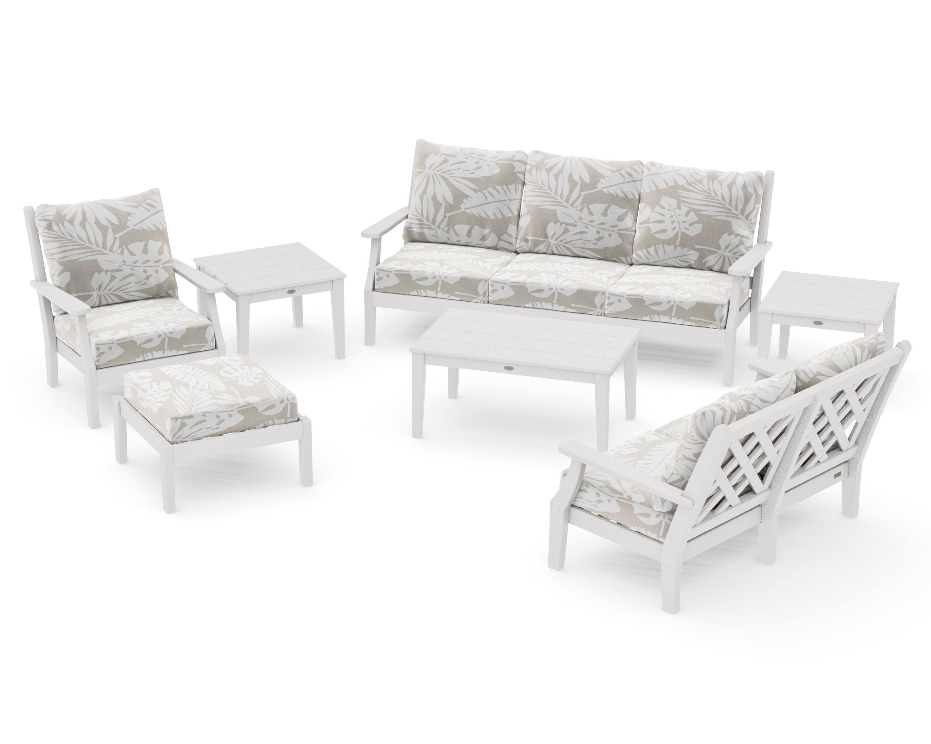 Wovendale 7-Piece Deep Seating Set in Vintage White / Leaf Dune Burlap