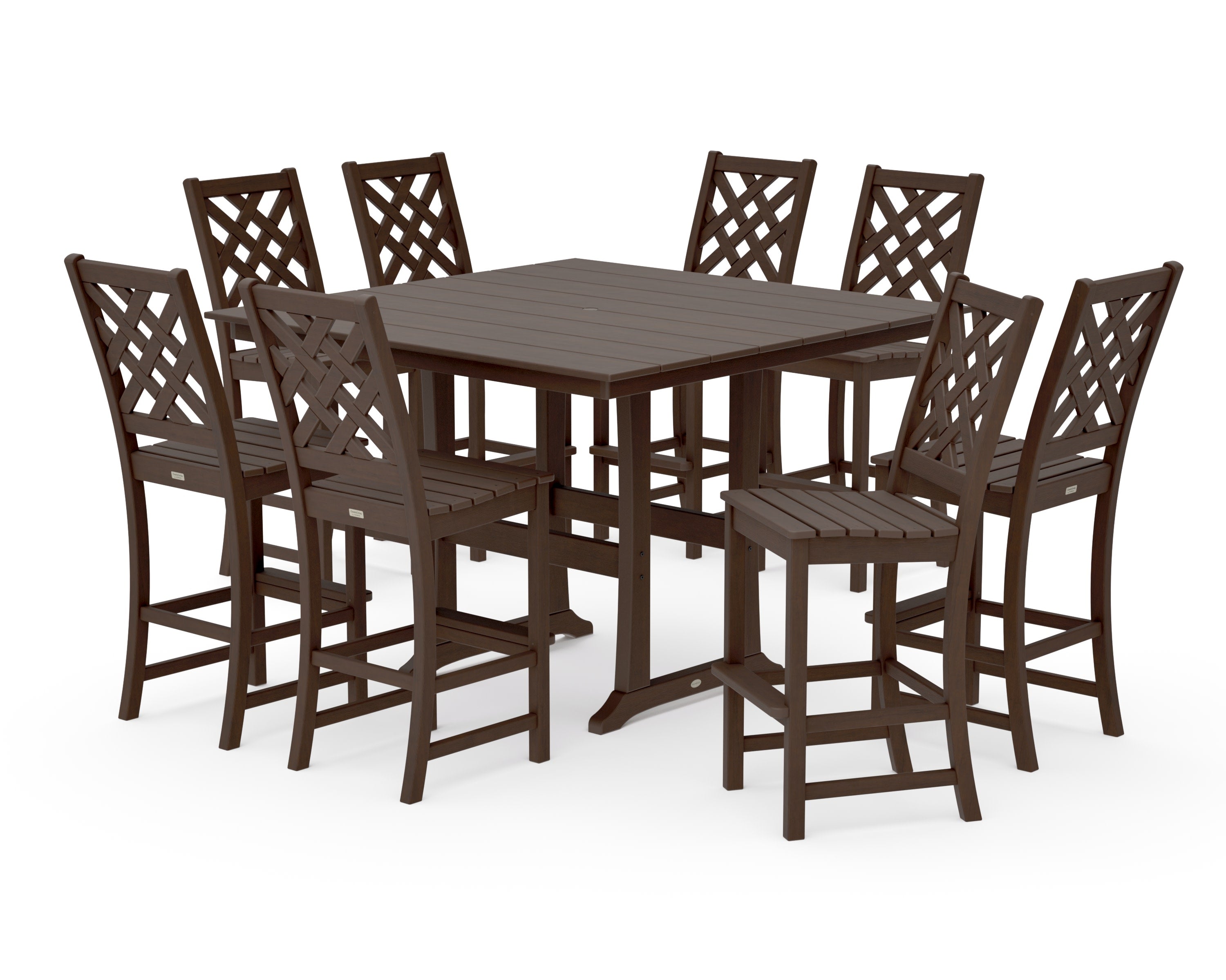 Wovendale Side Chair 9-Piece Square Farmhouse Bar Set with Trestle Legs in Kona