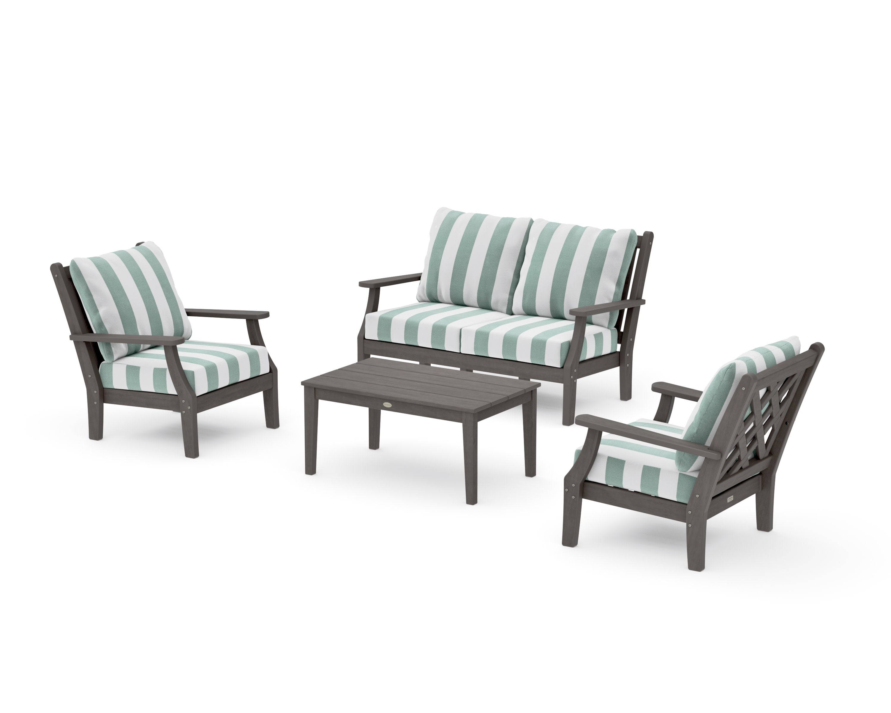 Wovendale 4-Piece Deep Seating Set with Loveseat in Driftwood / Cabana Stripe Glacier Spa