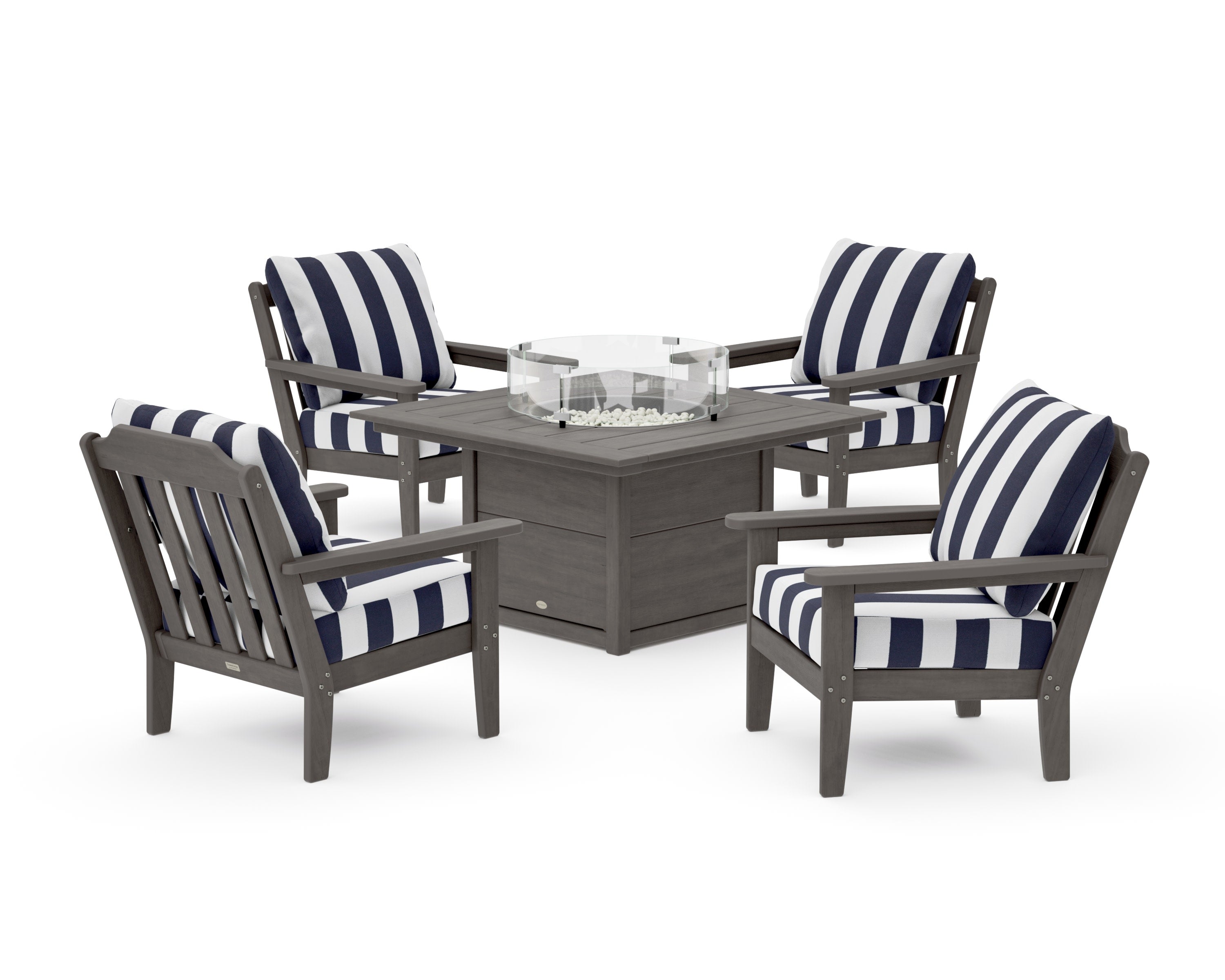 Cottage 5-Piece Deep Seating Set with Fire Pit Table in Driftwood / Cabana Stripe Navy