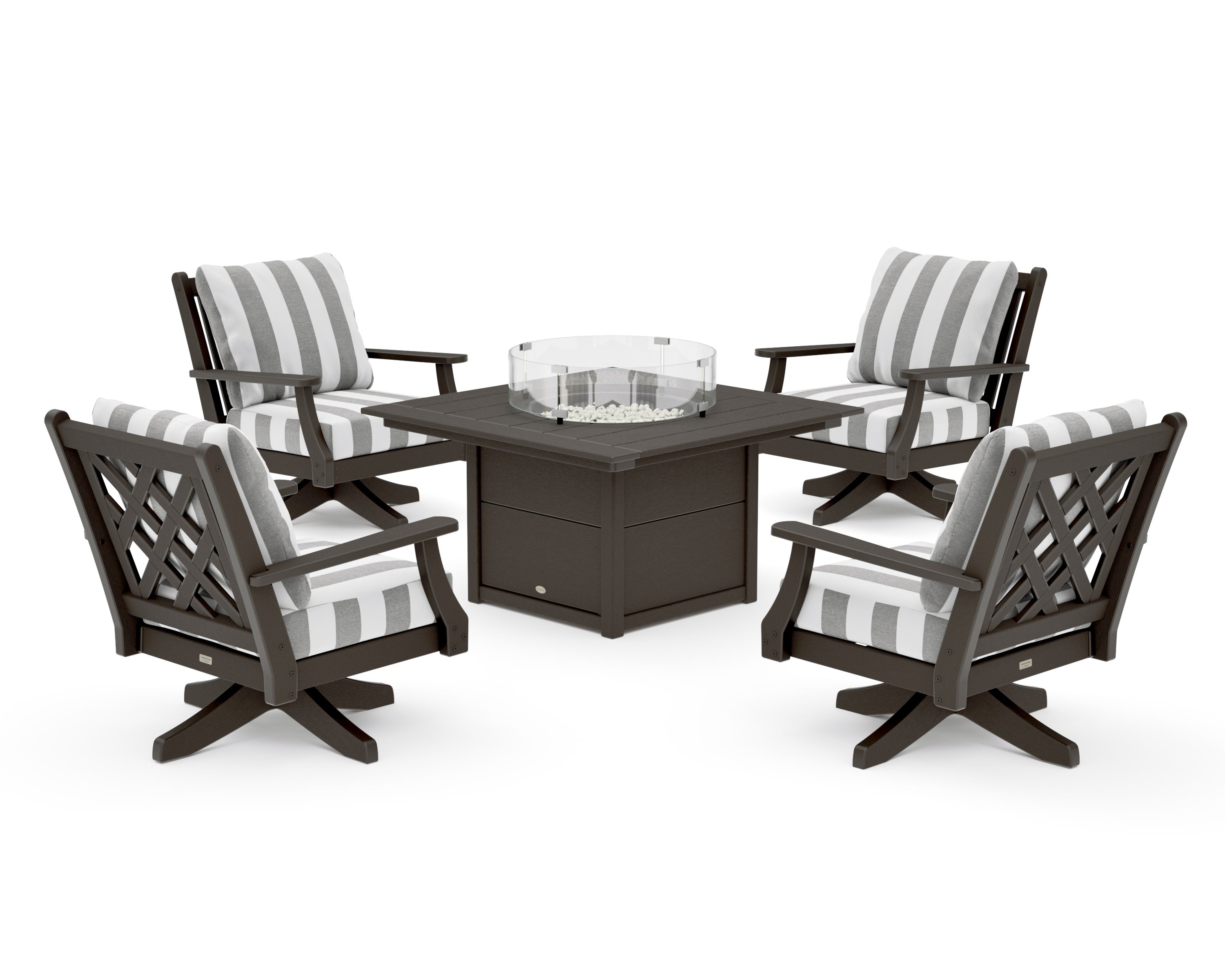 Wovendale 5-Piece Deep Seating Swivel Conversation Set with Fire Pit Table in Vintage Coffee / Cabana Stripe Grey Mist