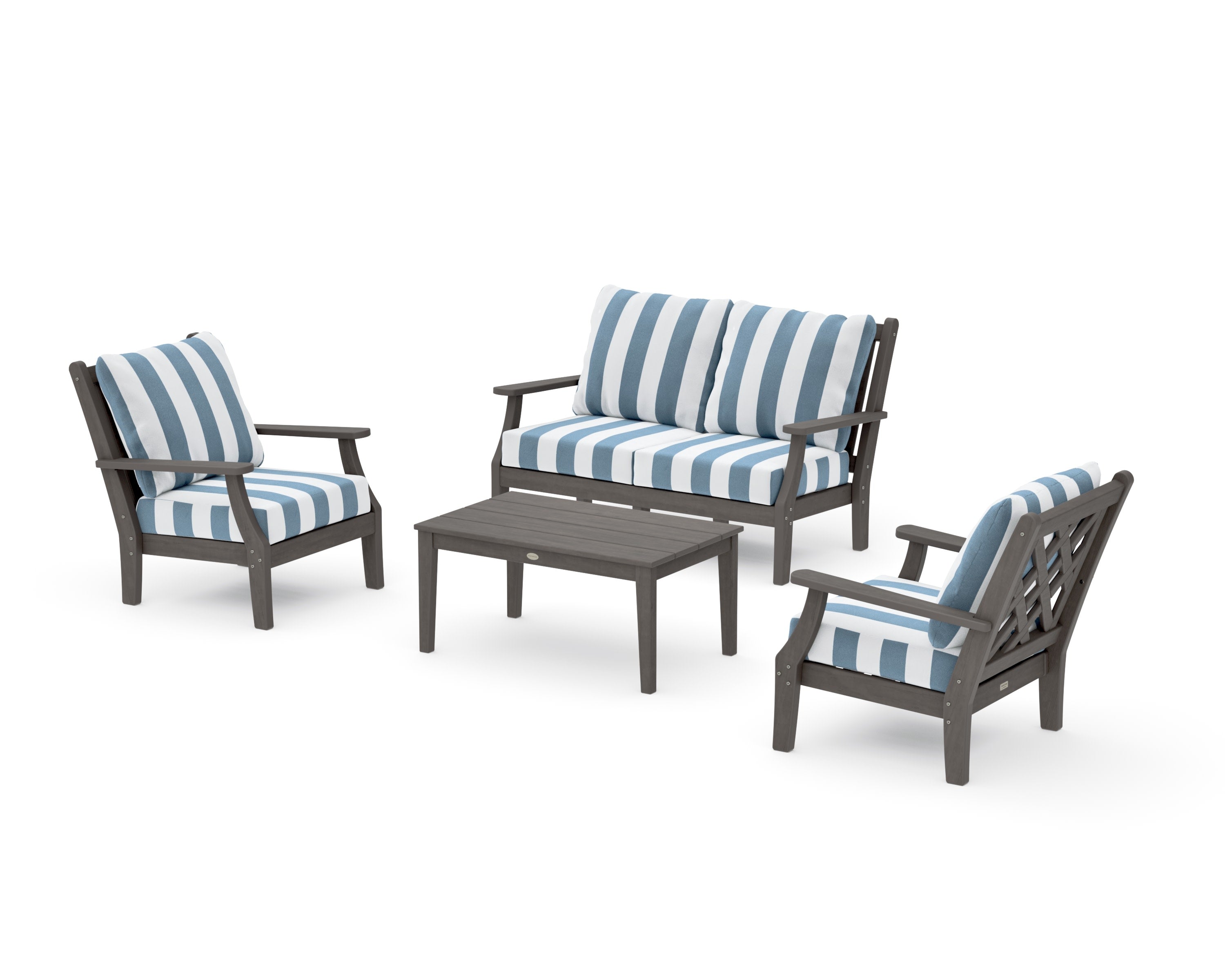 Wovendale 4-Piece Deep Seating Set with Loveseat in Driftwood / Cabana Stripe Sky Blue