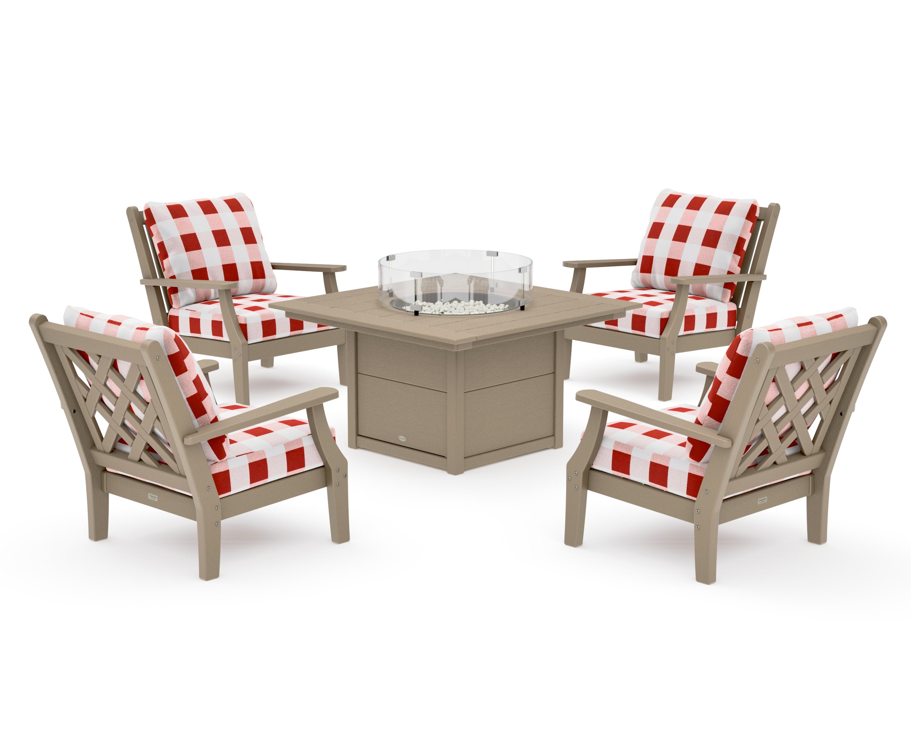 Wovendale 5-Piece Deep Seating Set with Fire Pit Table in Vintage Sahara / Buffalo Plaid Crimson