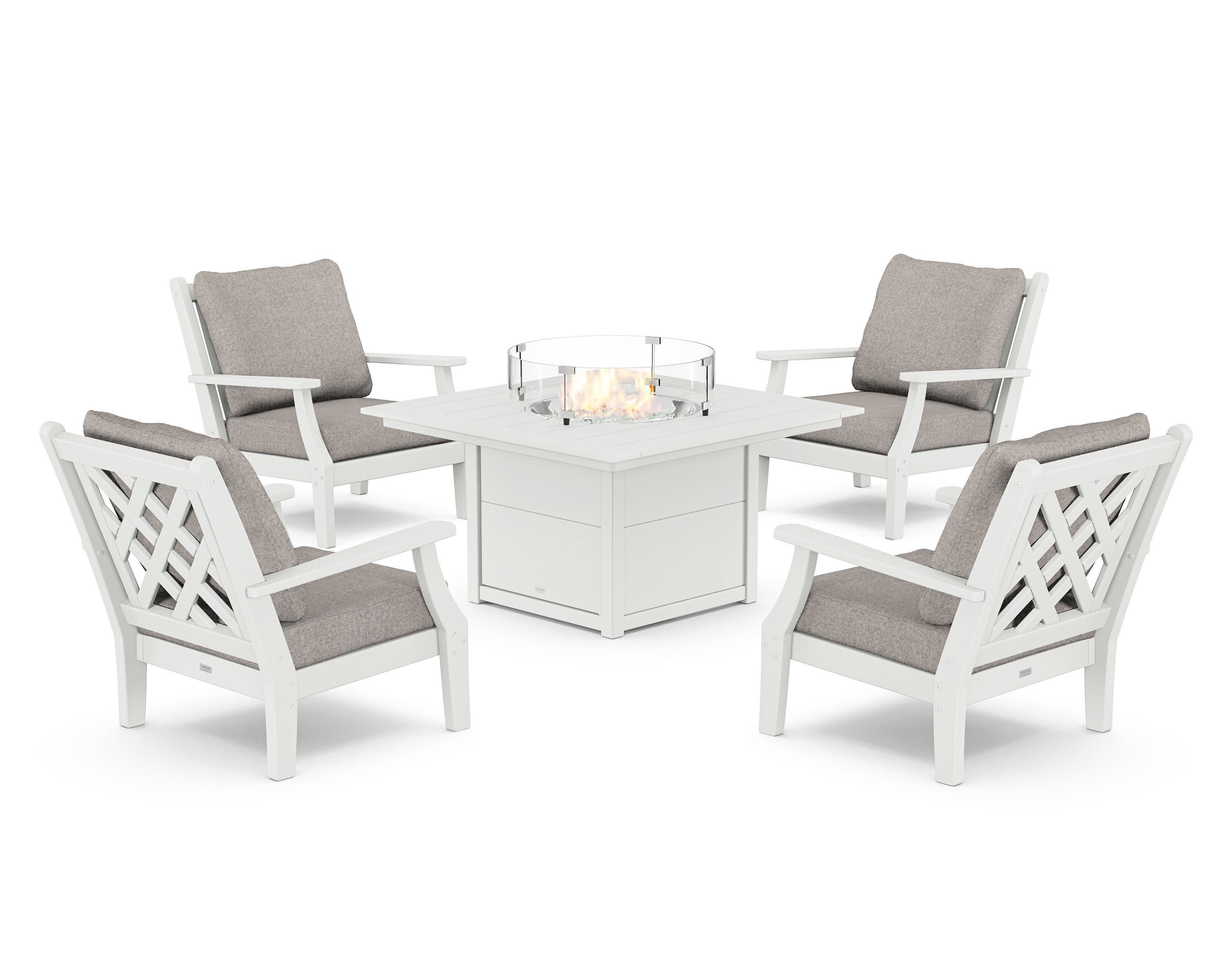 Wovendale 5-Piece Deep Seating Set with Fire Pit Table in White / Weathered Tweed
