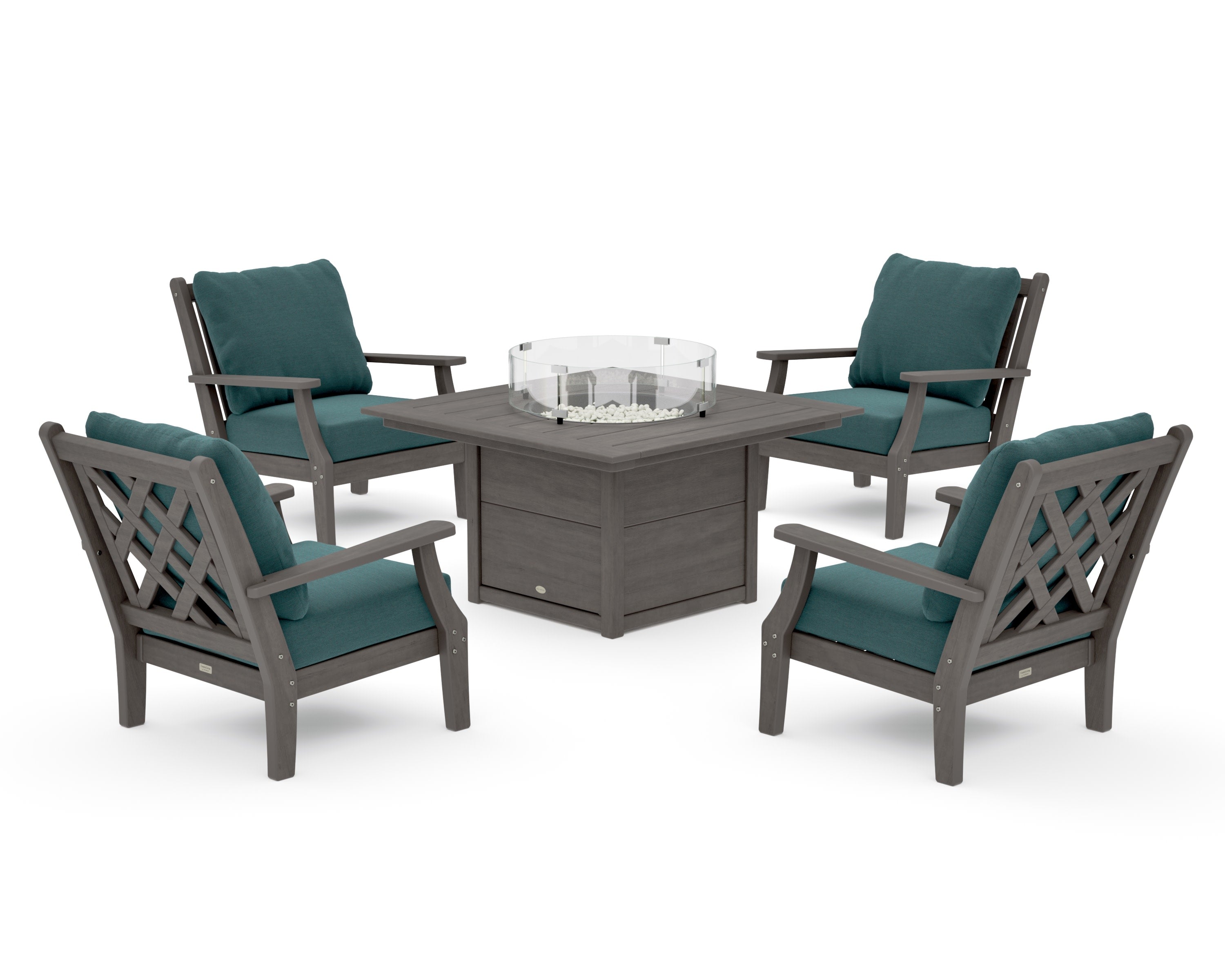 Wovendale 5-Piece Deep Seating Set with Fire Pit Table in Driftwood / Ocean Teal