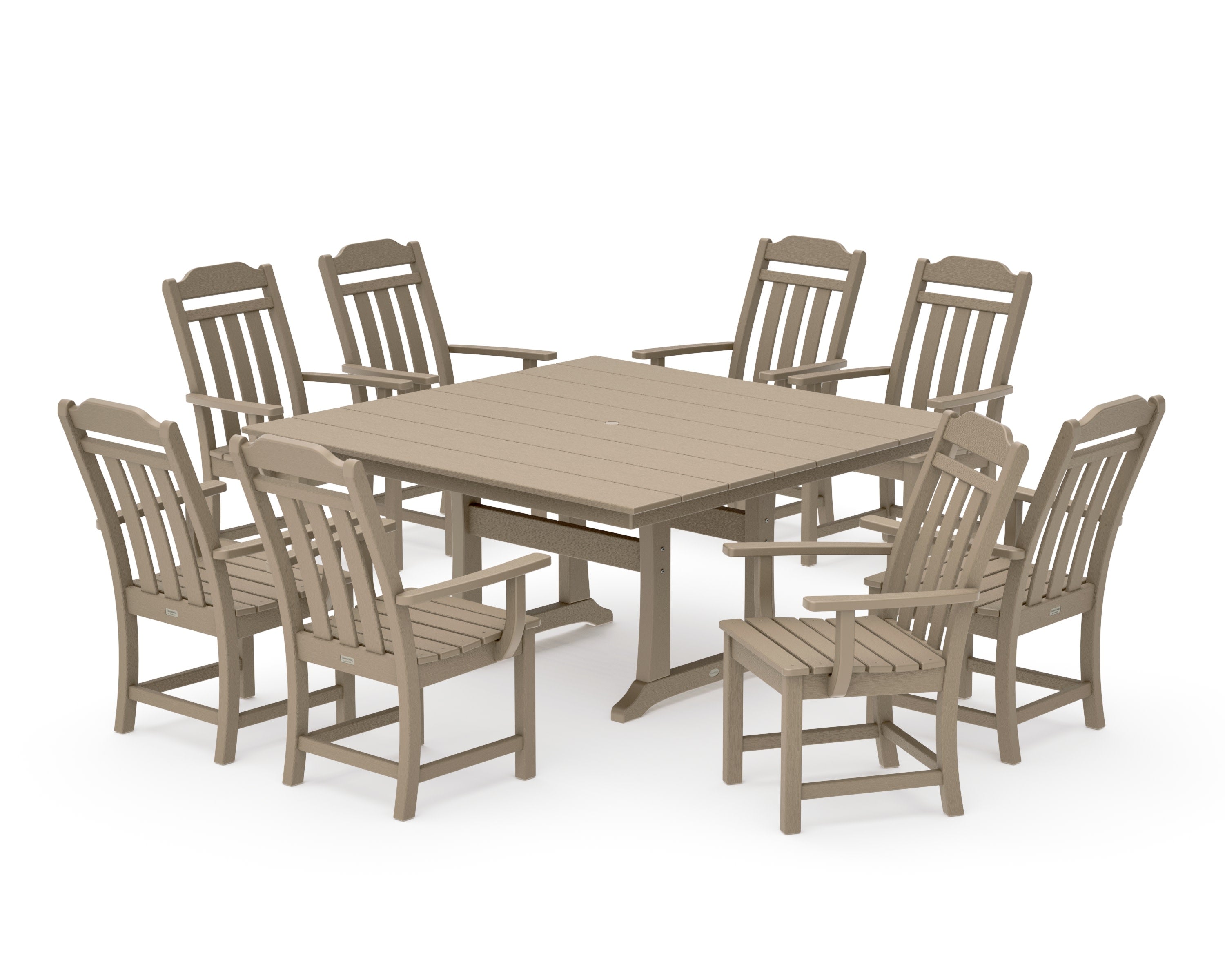 Cottage 9-Piece Square Farmhouse Dining Set with Trestle Legs in Vintage Sahara