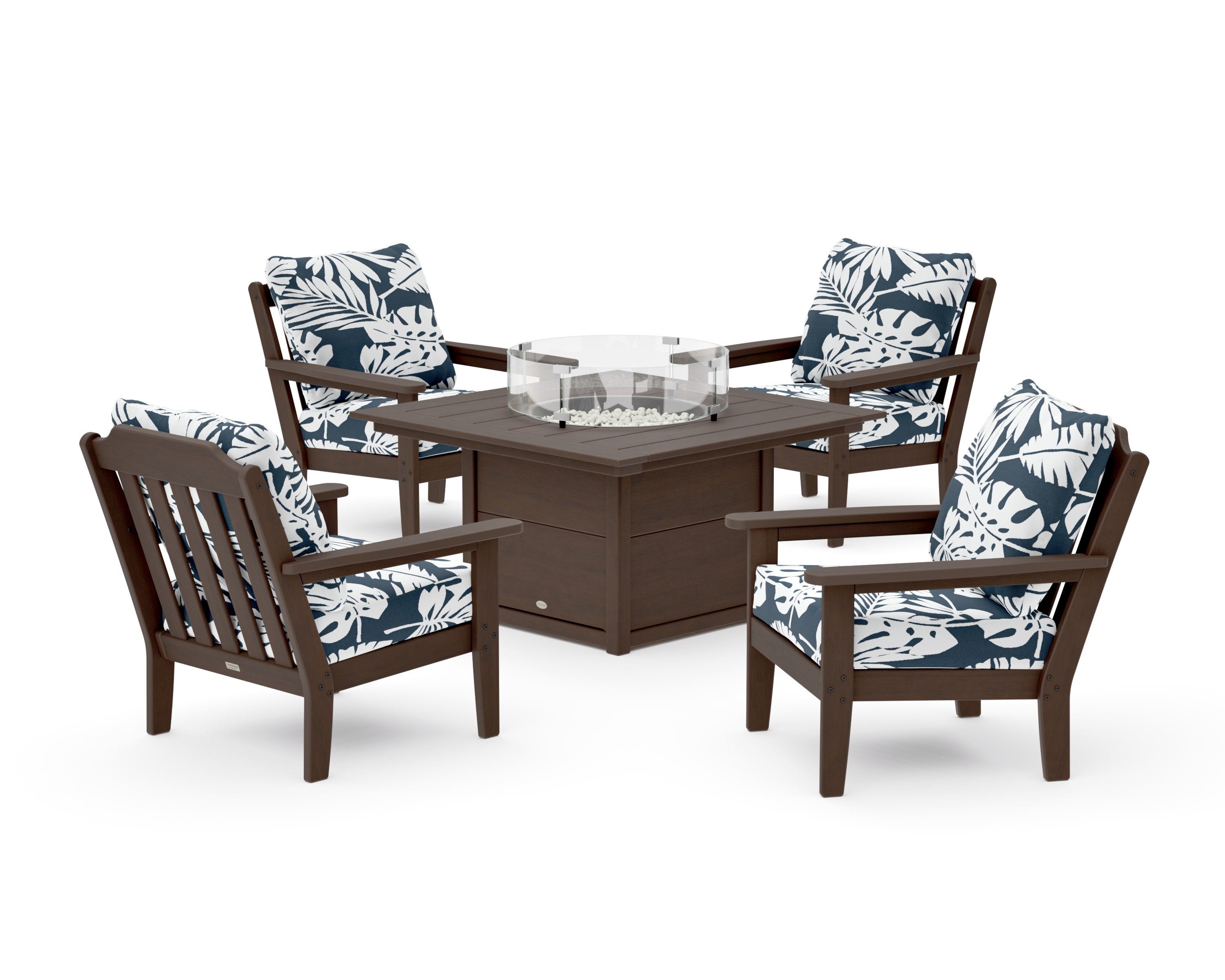Cottage 5-Piece Deep Seating Set with Fire Pit Table in Kona / Leaf Marine Indigo