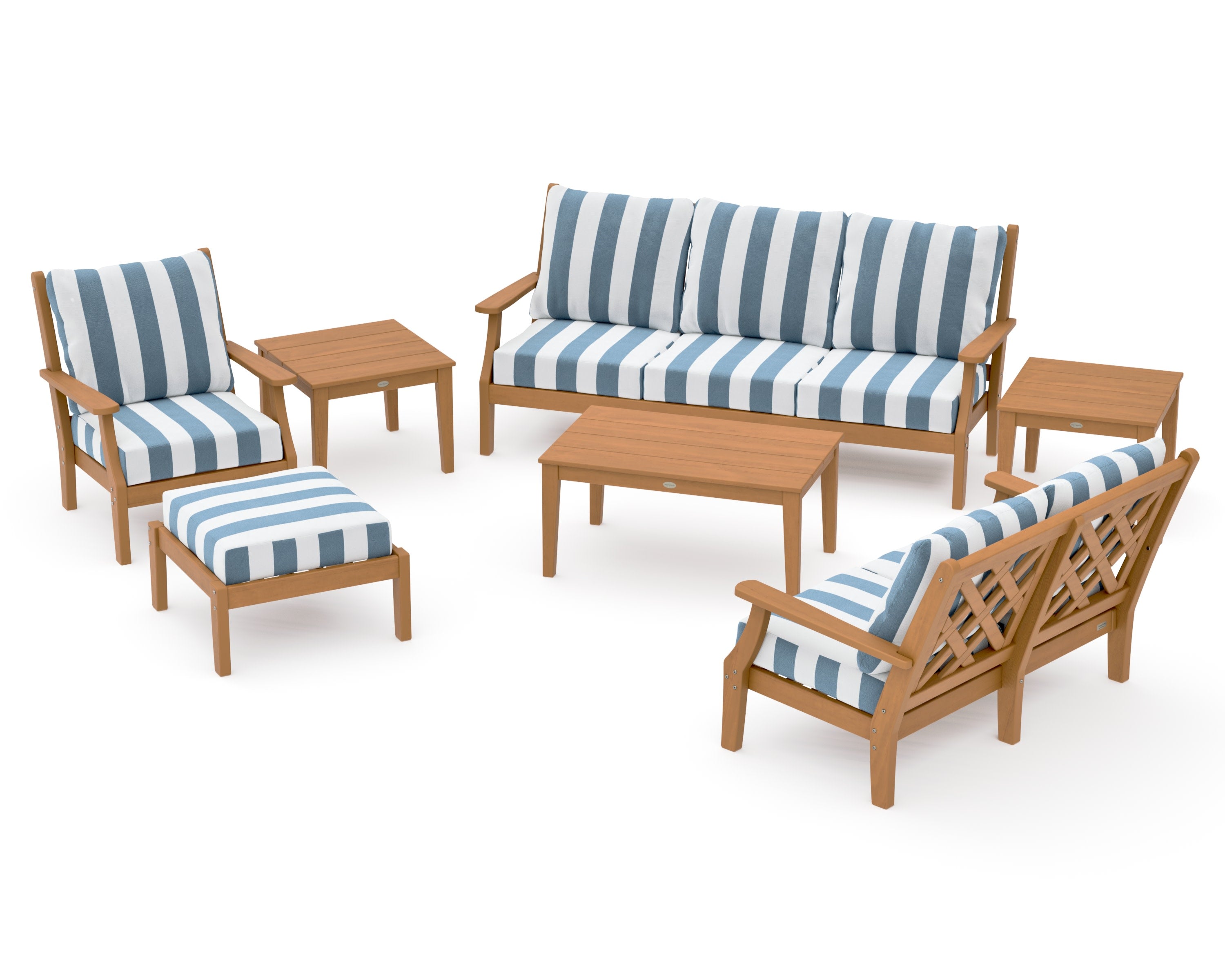 Wovendale 7-Piece Deep Seating Set in Natural / Cabana Stripe Sky Blue