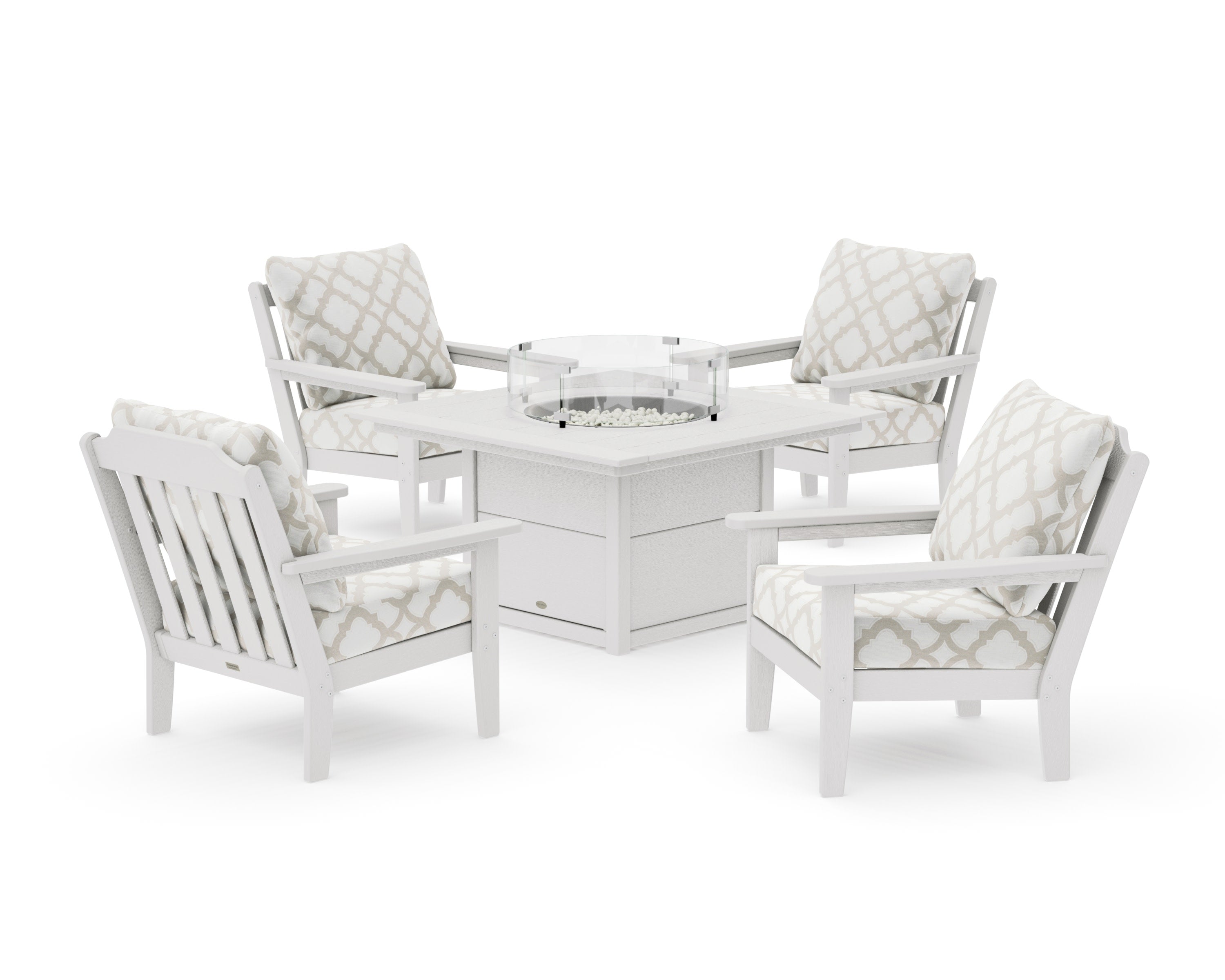 Cottage 5-Piece Deep Seating Set with Fire Pit Table in Vintage White / Trellis Dune Burlap