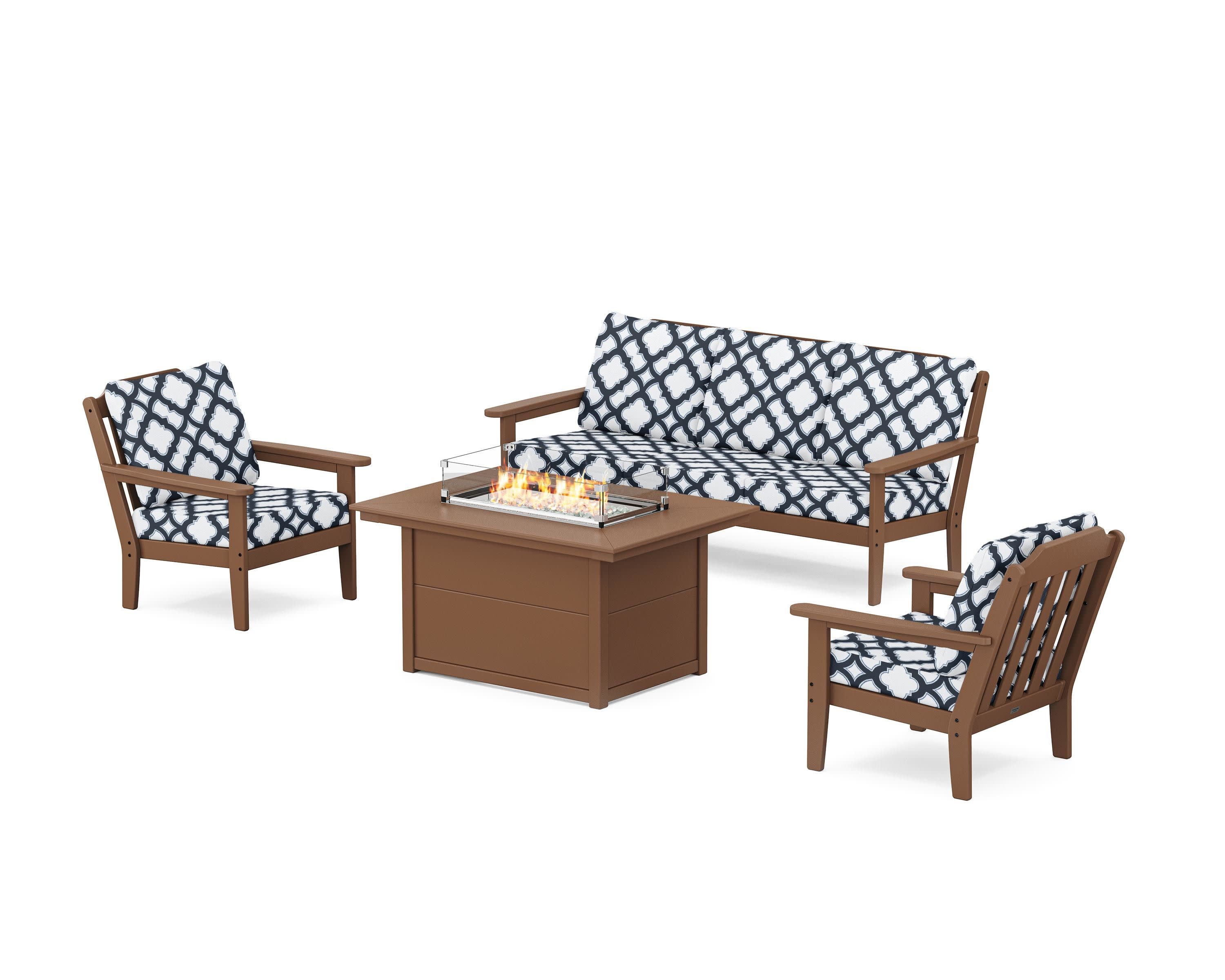 Cottage Deep Seating Fire Pit Table Set in Teak / Trellis Marine Indigo