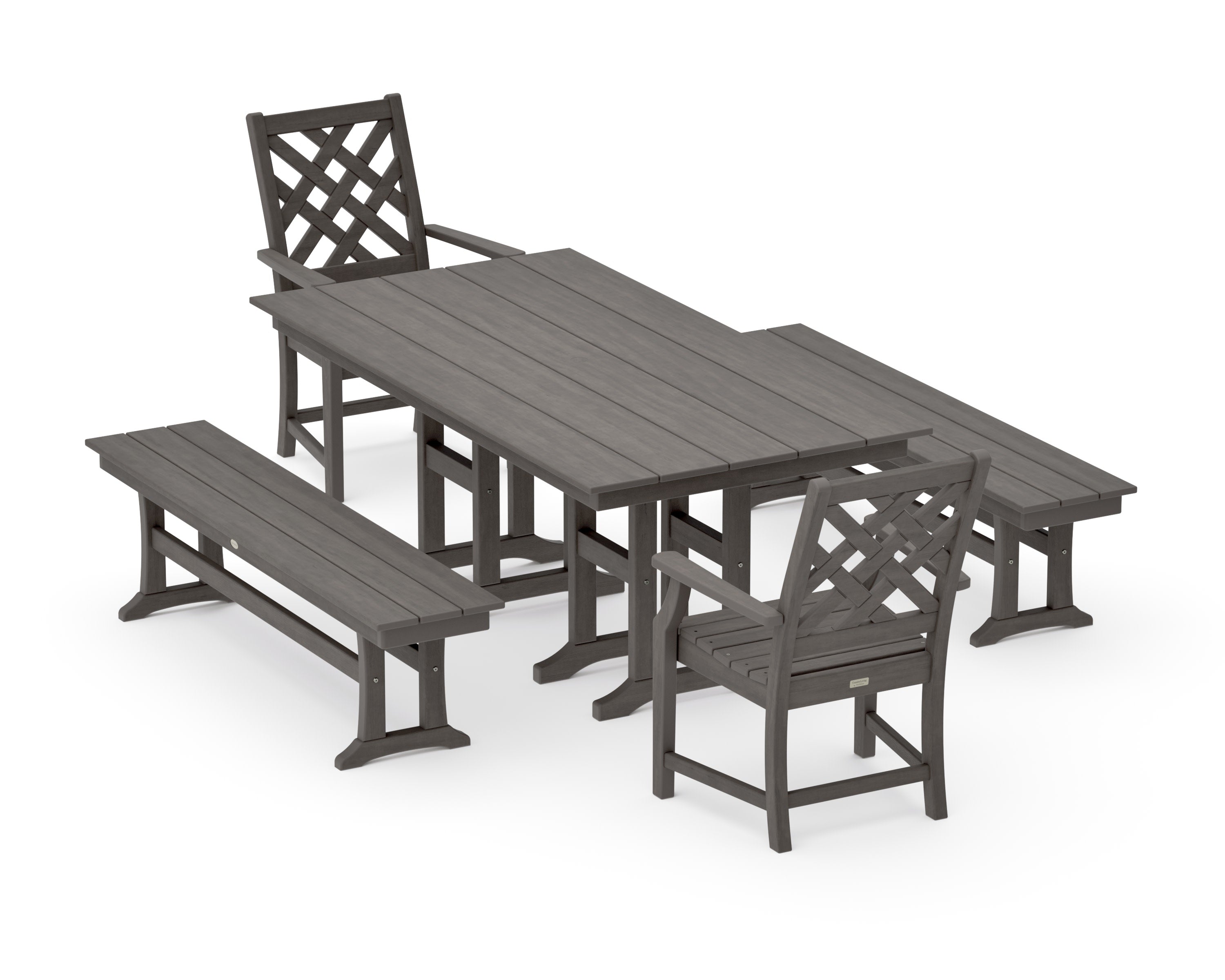 Wovendale 5-Piece Farmhouse Dining Set with Benches in Driftwood