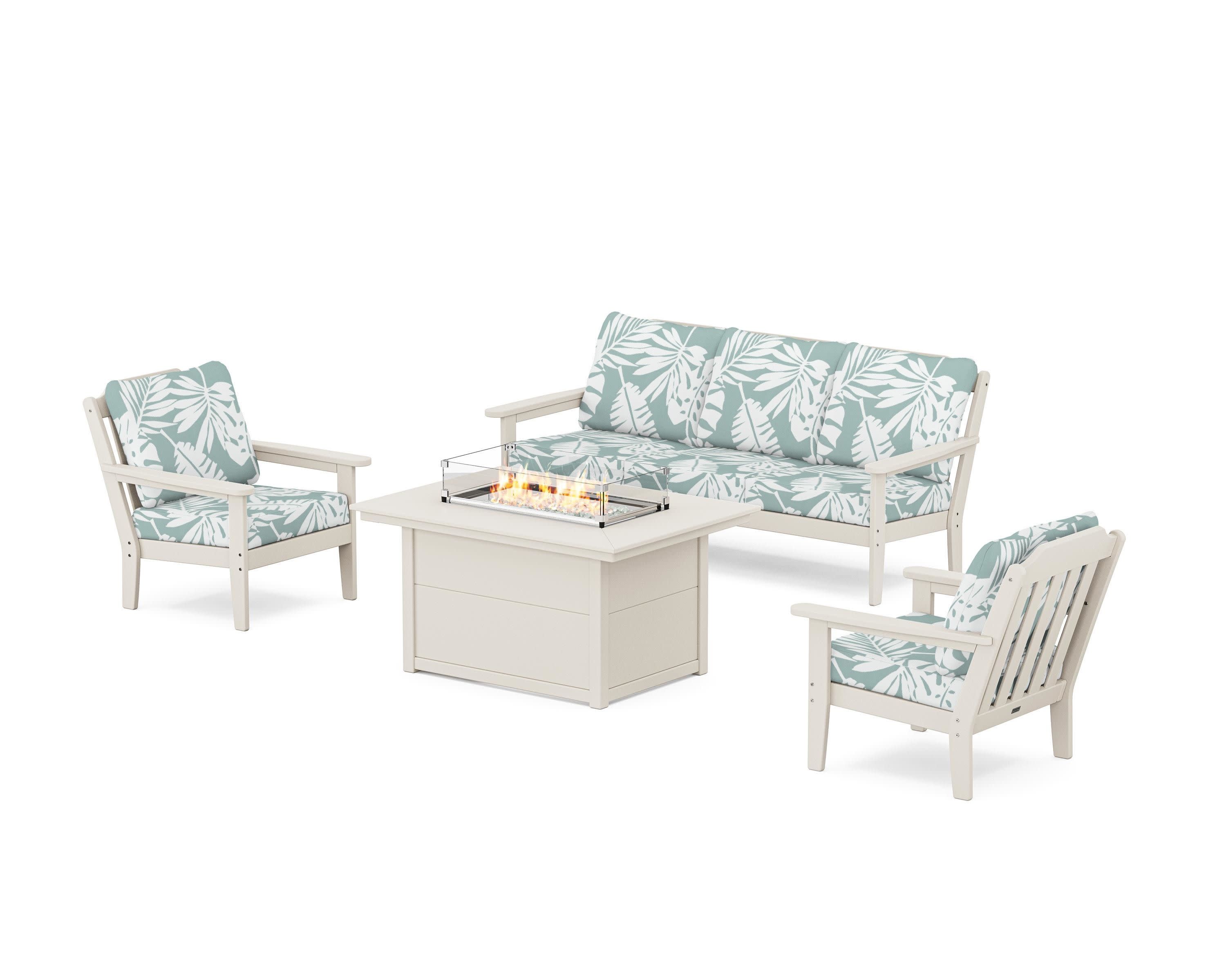 Cottage Deep Seating Fire Pit Table Set in Sand / Leaf Glacier Spa