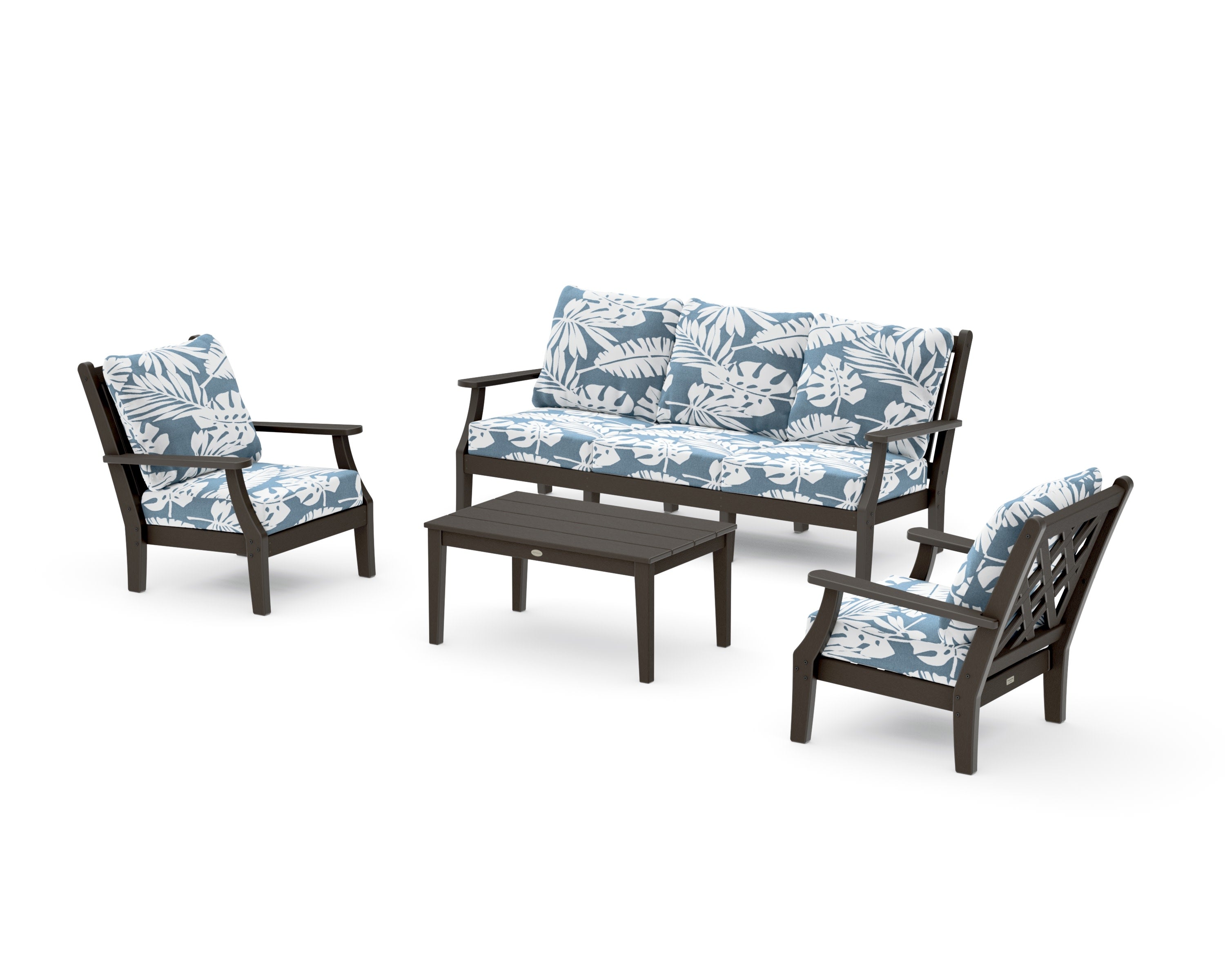 Wovendale 4-Piece Deep Seating Set with Sofa in Vintage Coffee / Leaf Sky Blue